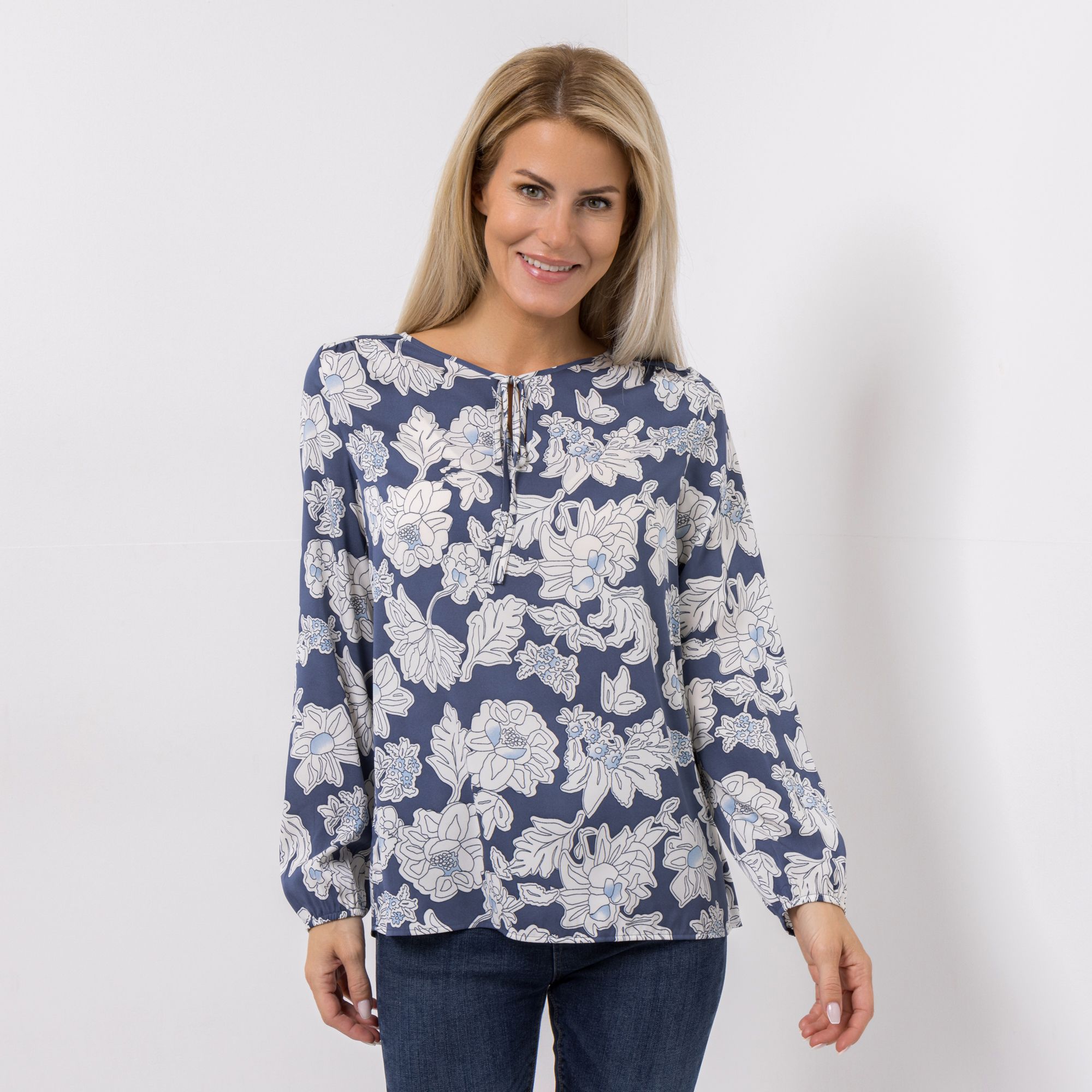 VIA MILANO Bluse, 1/1-Arm Rundhalsausschnitt Bindeband figurumspielend