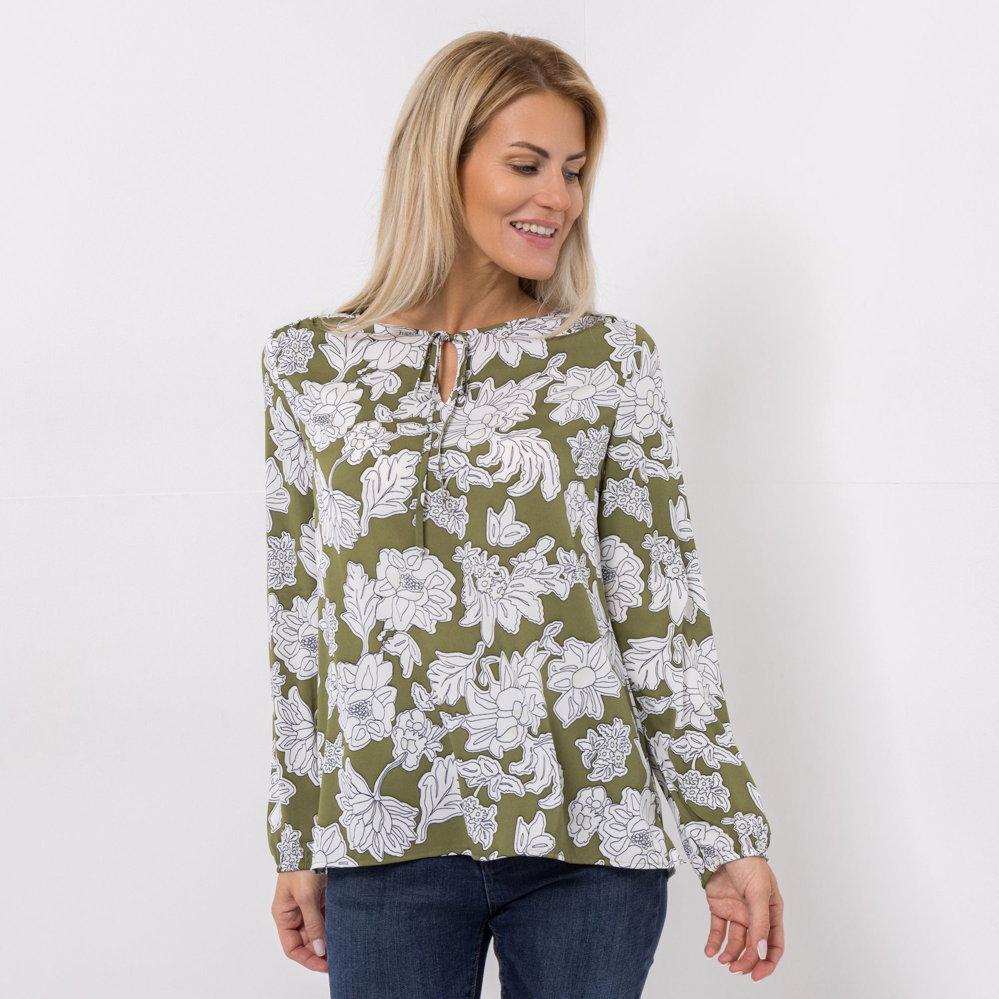 VIA MILANO Bluse, 1/1-Arm Rundhalsausschnitt Bindeband figurumspielend