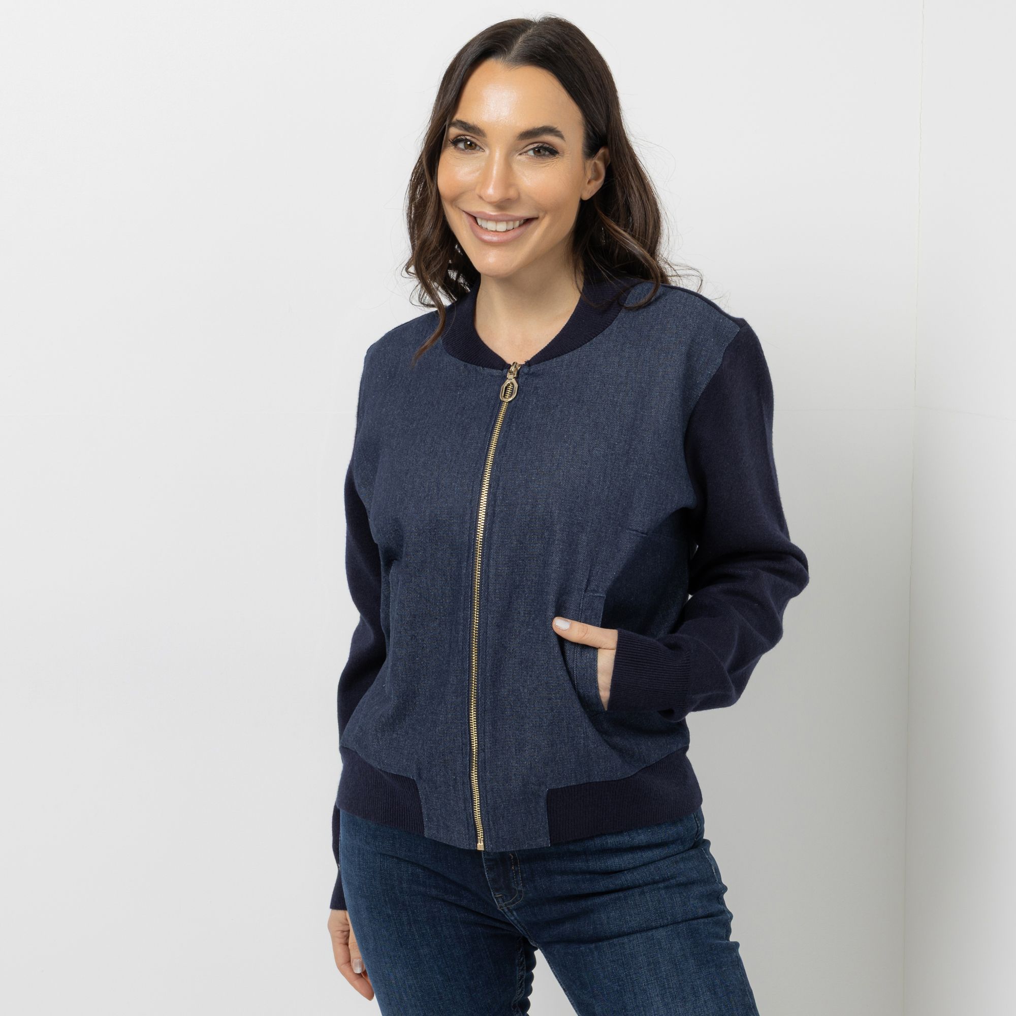 DENIM & CO. Blouson Materialmix Reißverschluss figurumspielend