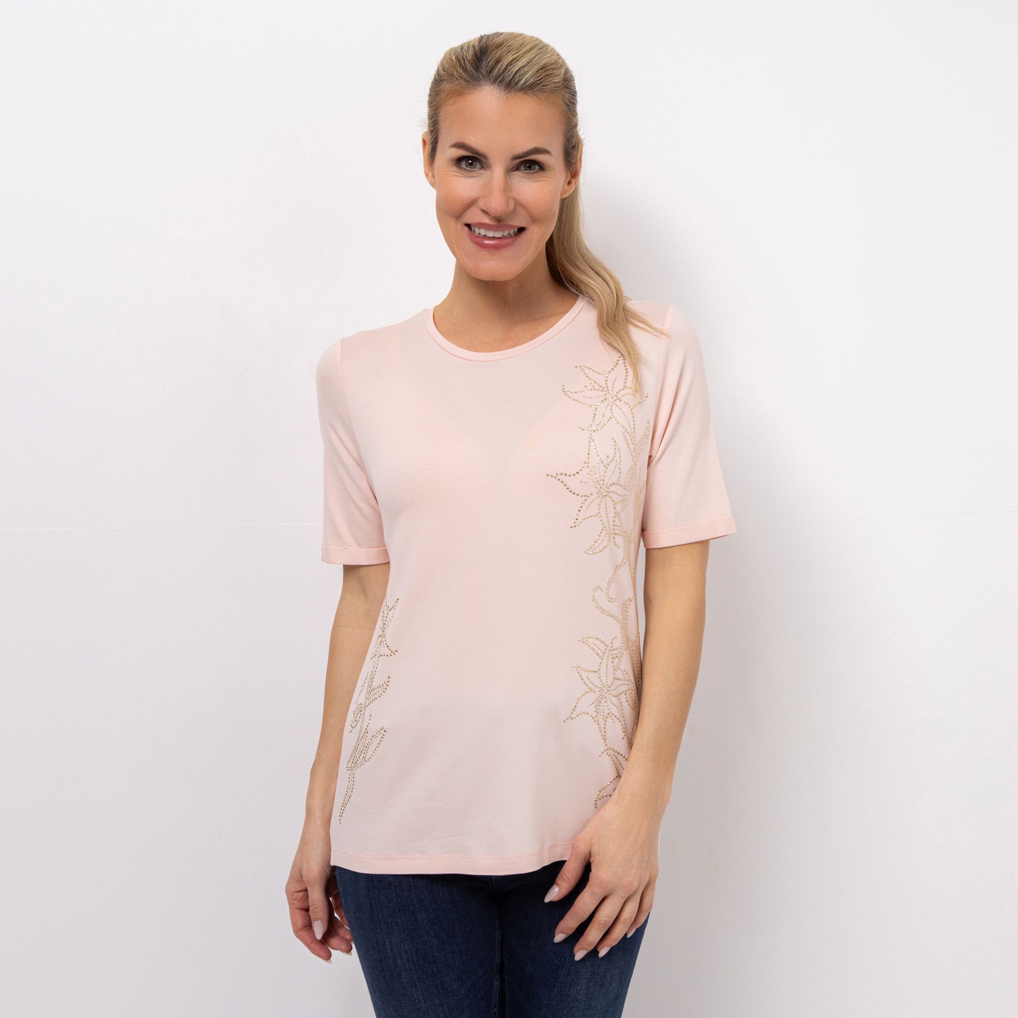 VIA MILANO Shirt, 1/2-Arm Rundhalsausschnitt Strass-Details figurumspielend