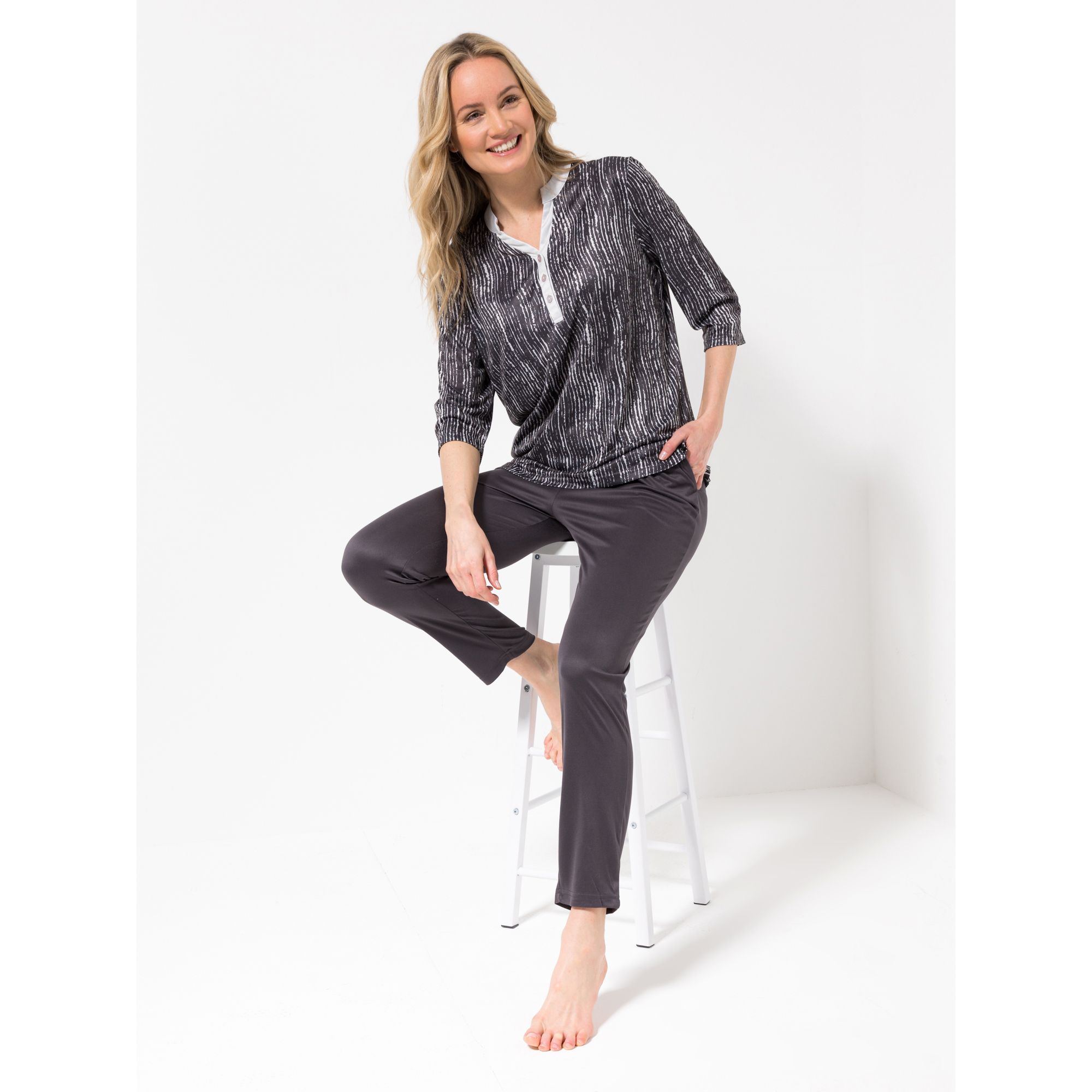 JERYMOOD HOMEWEAR Shirt, 3/4-Arm V-Ausschnitt Knopfleiste Seitenschlitze