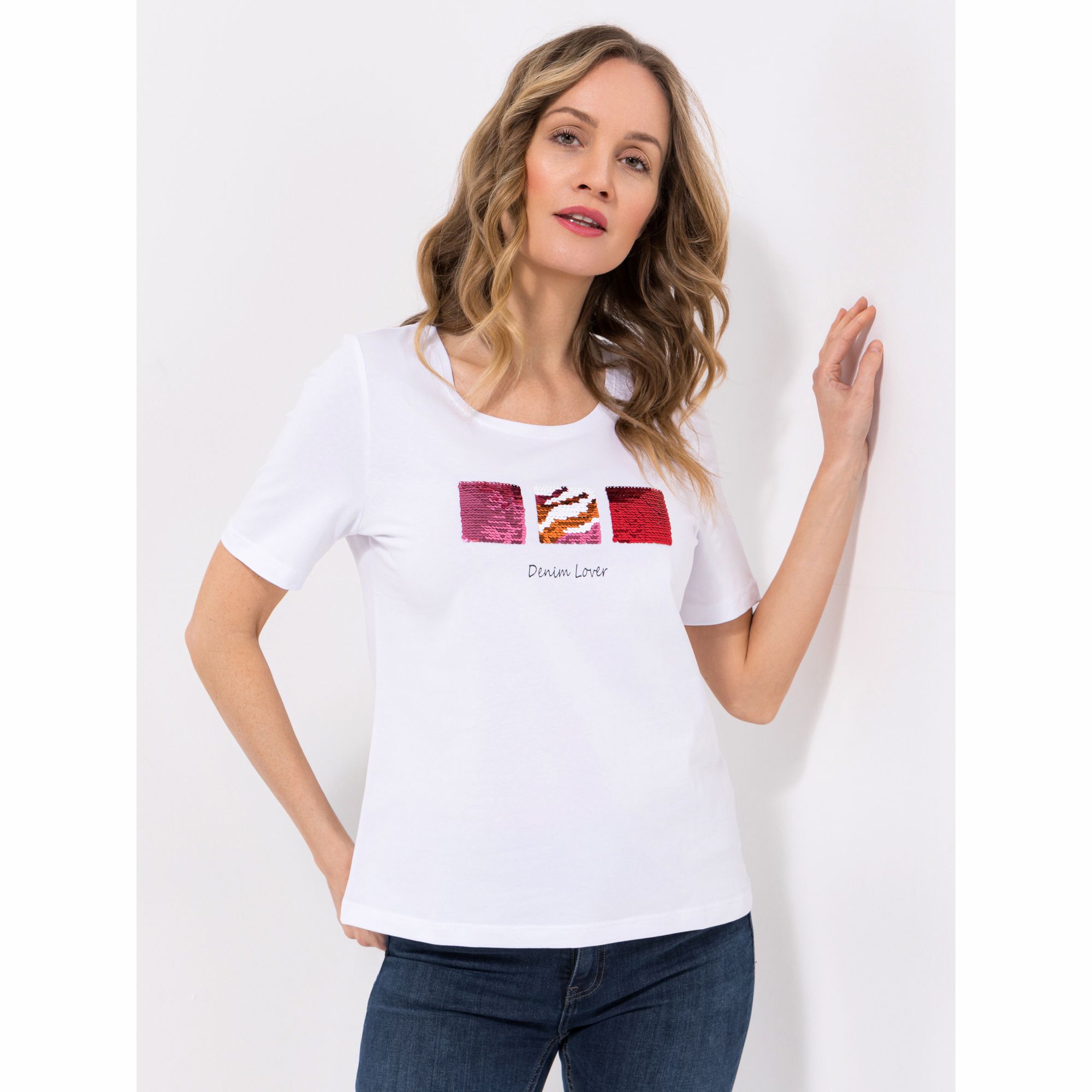 DENIM & CO. Shirt, 1/2-Arm Rundhalsausschnitt Paillettenapplikation figurumspielend