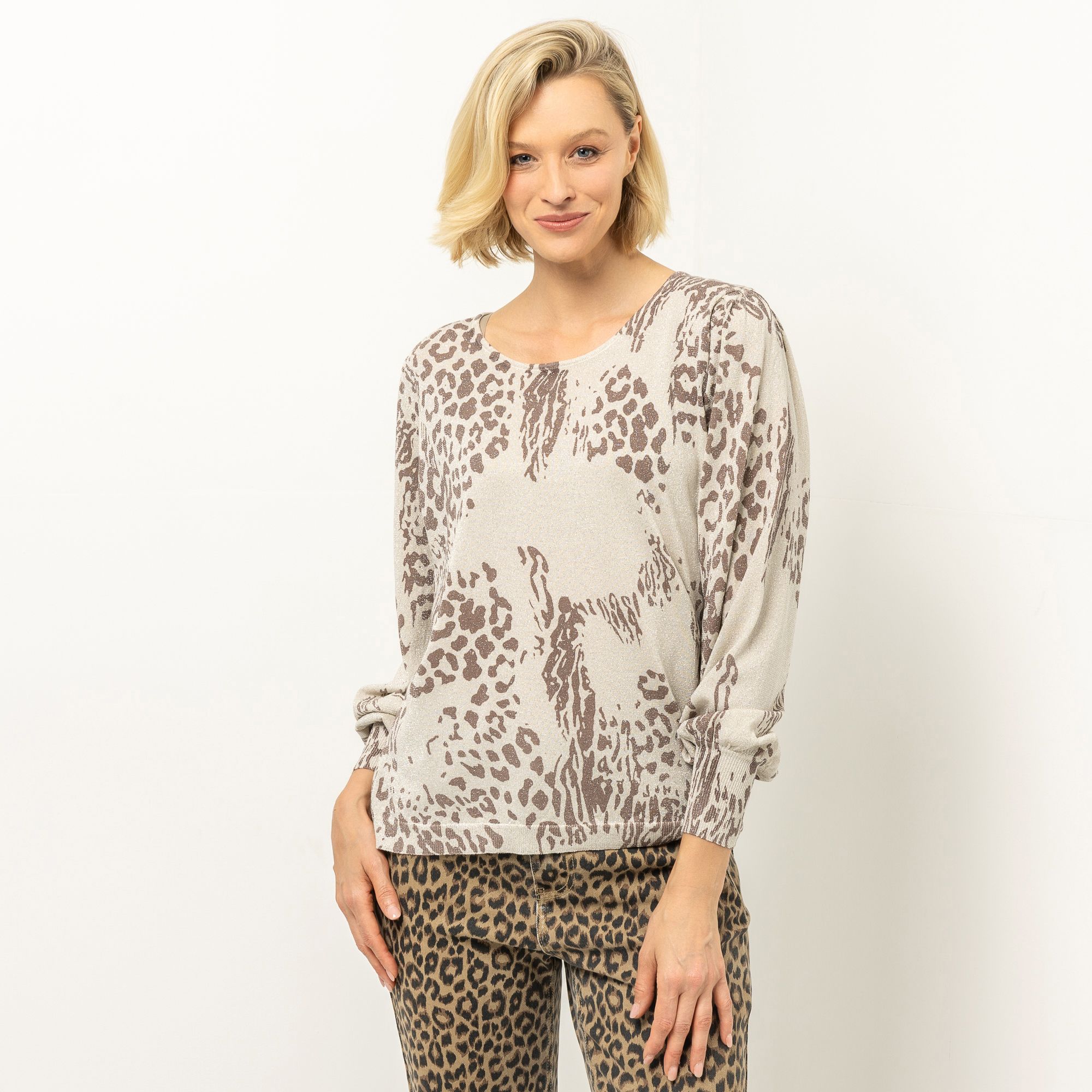 VIA MILANO Pullover, 1/1-Arm Rundhalsausschnitt figurumspielend metallisiertes Garn