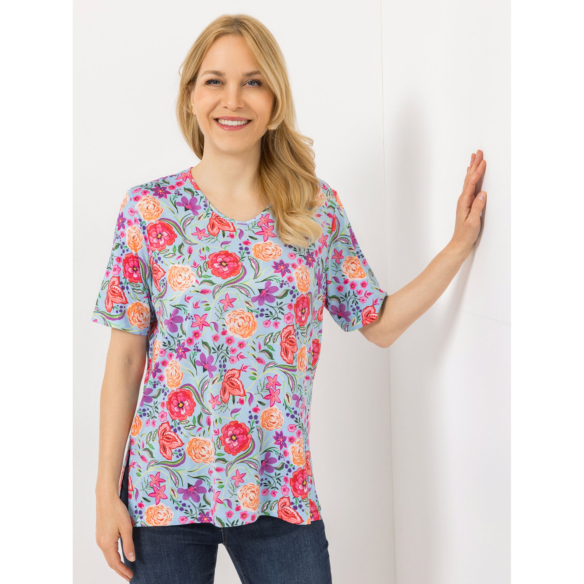 IN-PRINT Shirt, 1/2-Arm V-Ausschnitt Seitenschlitze Blumendruck