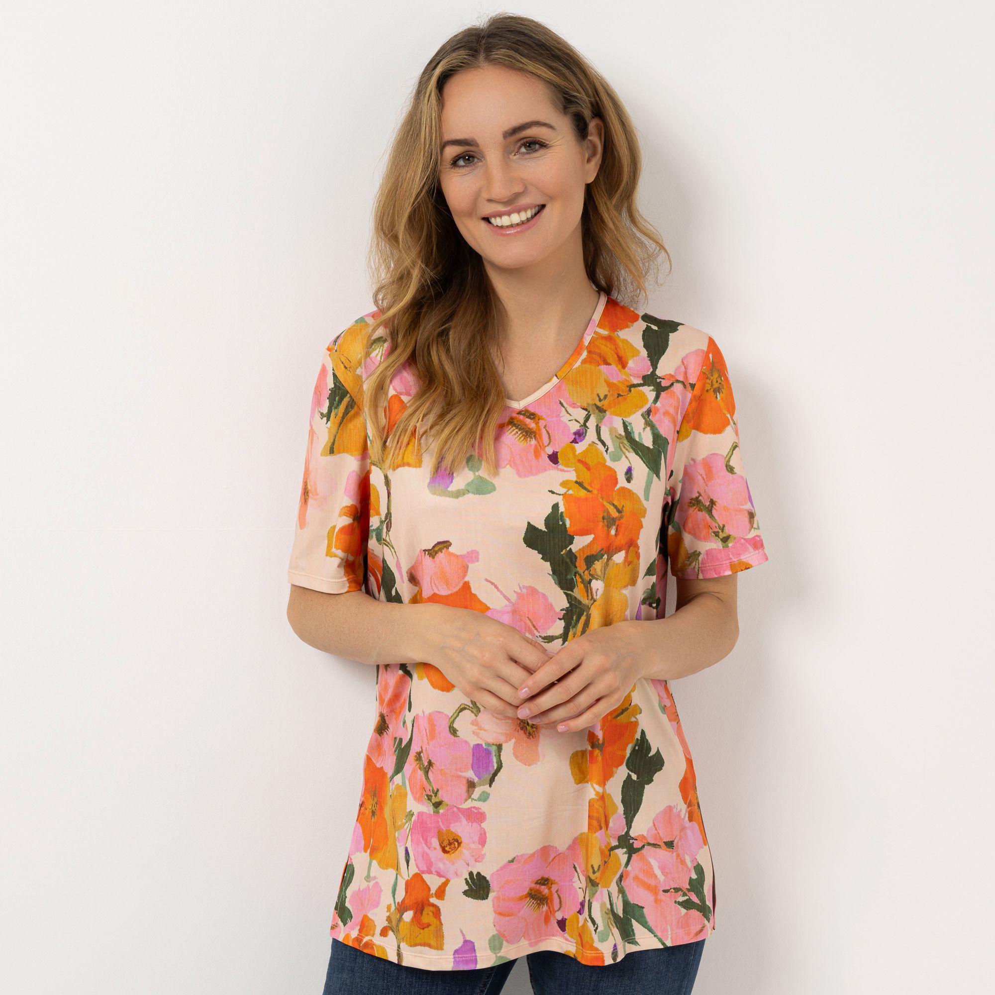 IN-PRINT Jersey-Shirt, 1/2-Arm V-Ausschnitt Seitenschlitze Leger weit