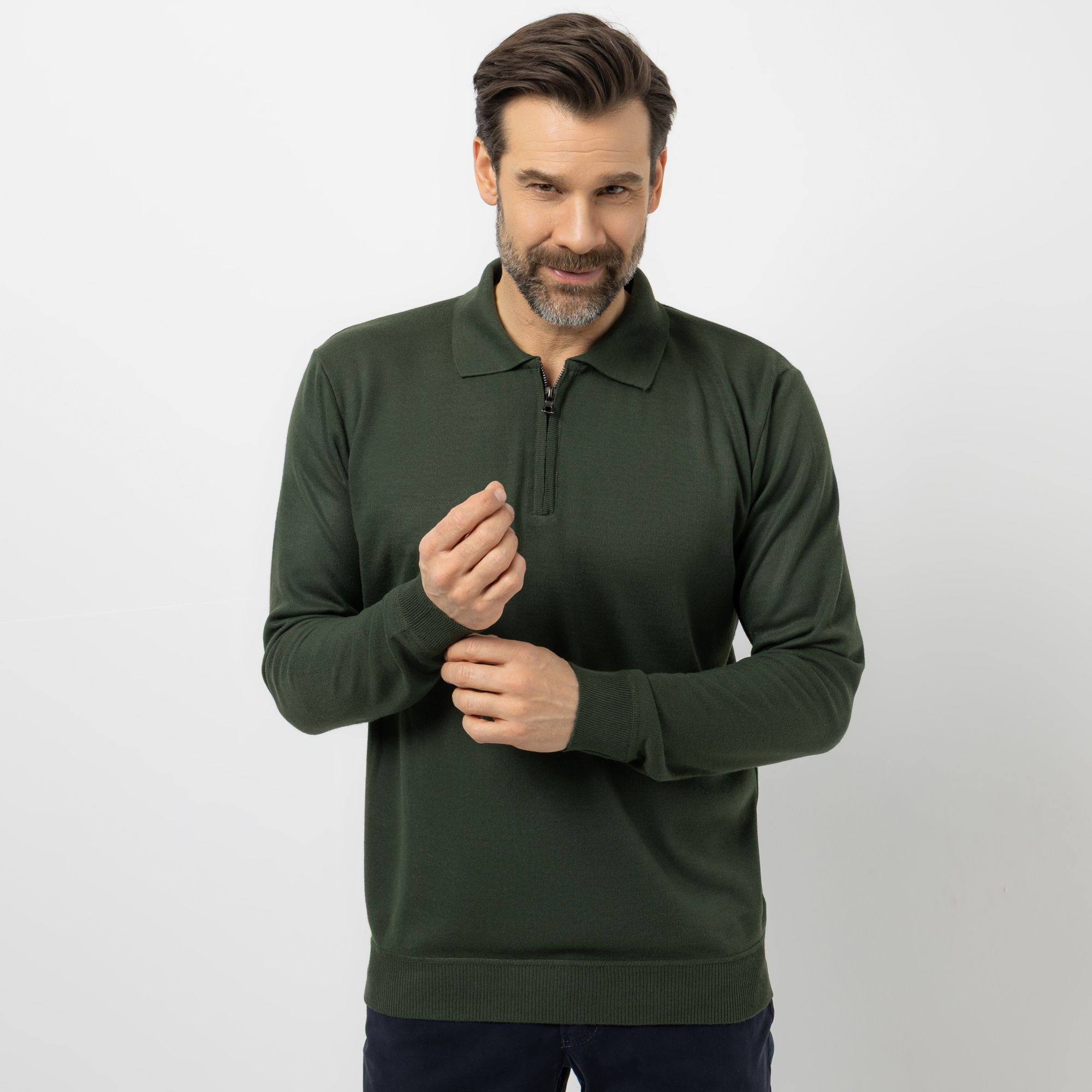 DENIM & CO. Herren Pullover 1/1-Arm Polokragen Reißverschluss