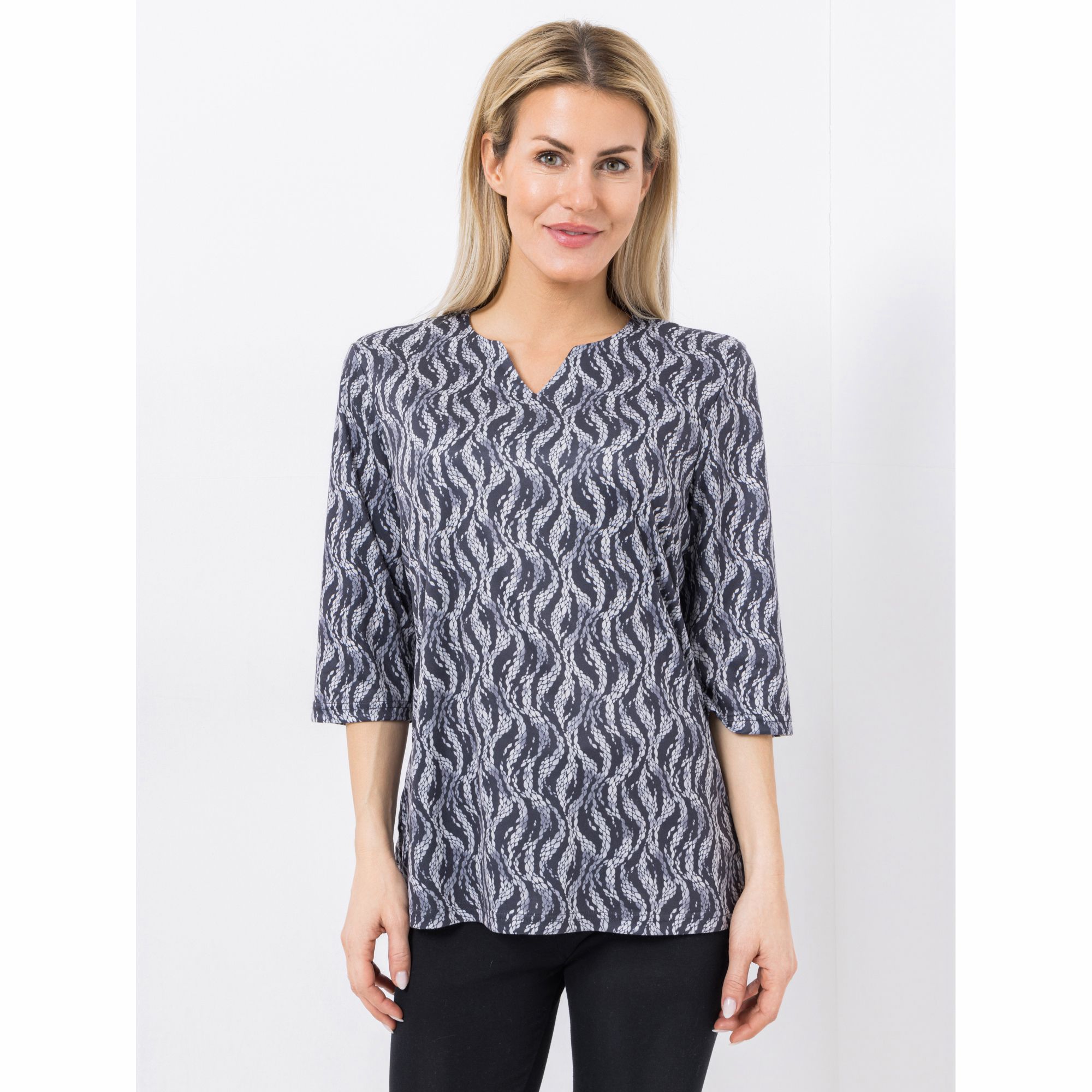 JERYMOOD HOMEWEAR Shirt, 3/4-Arm Mikrofaser Allover-Print V-Ausschnitt