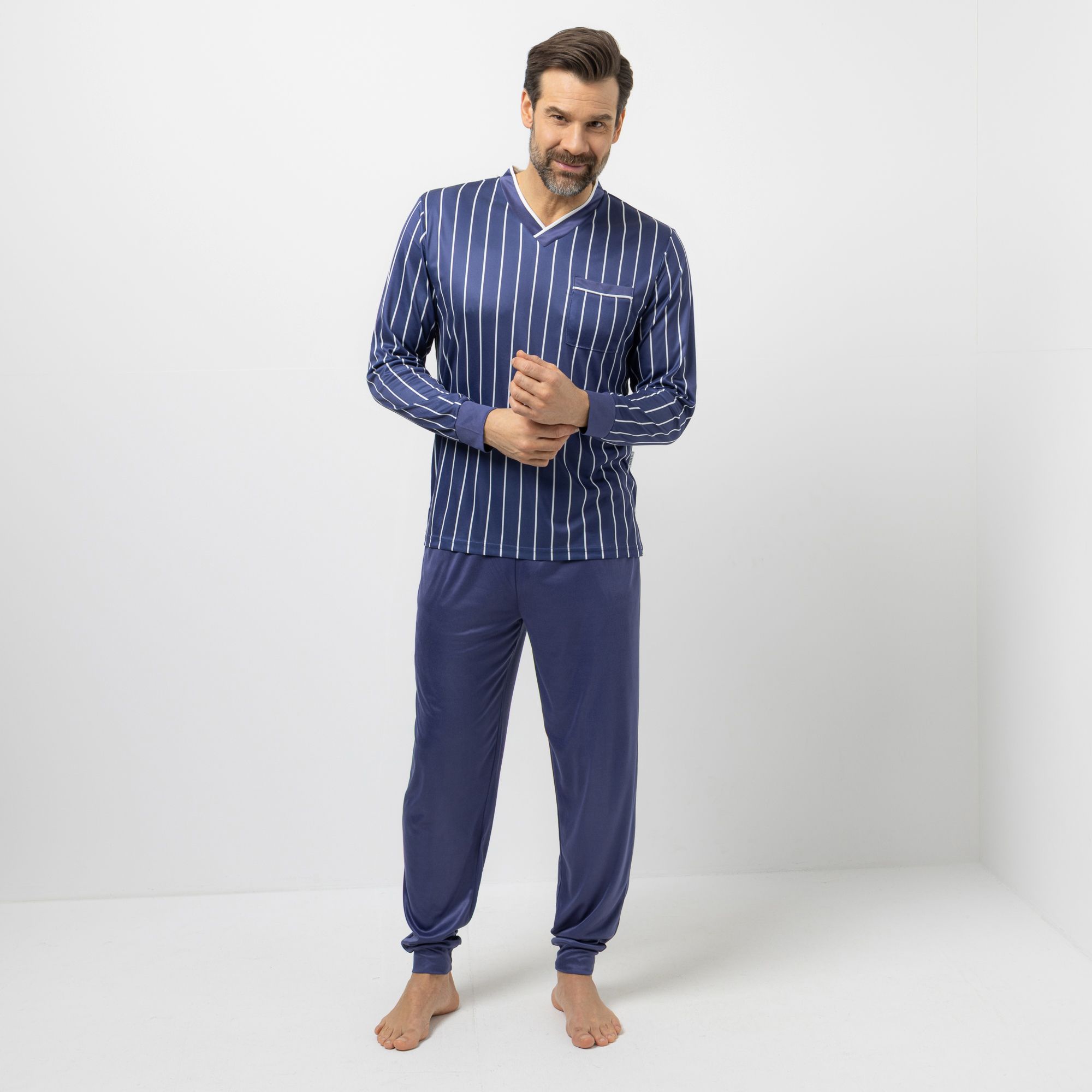 MEN'S TOUCH Pyjama Set Mikrofaser Shirt V-Ausschnitt Hose Rundumdehnbund