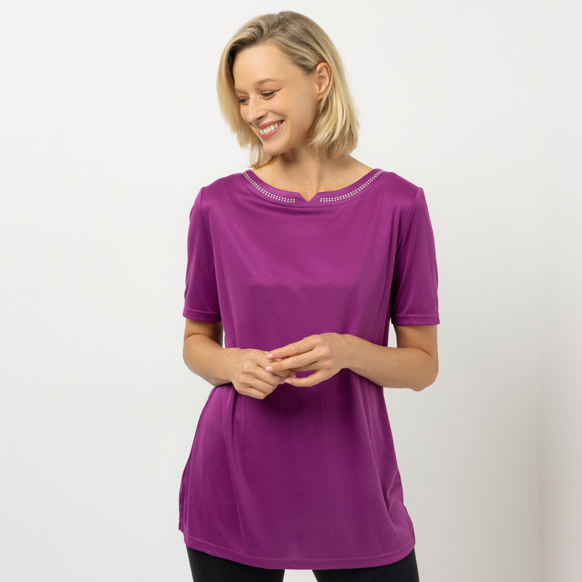JERYMOOD HOMEWEAR Longshirt, 1/2-Arm Rundhalsausschnitt Ziernieten Seitenschlitzen