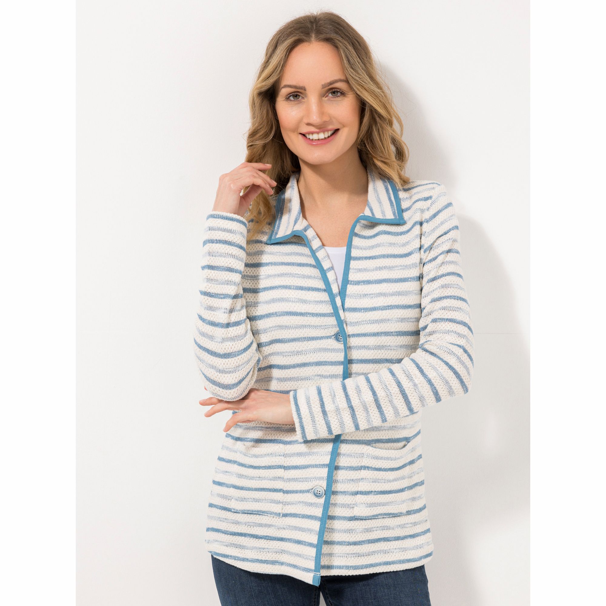 DENIM & CO. Strickjacke, 1/1-Arm geknöpft V-Ausschnitt aufgesetzte Taschen