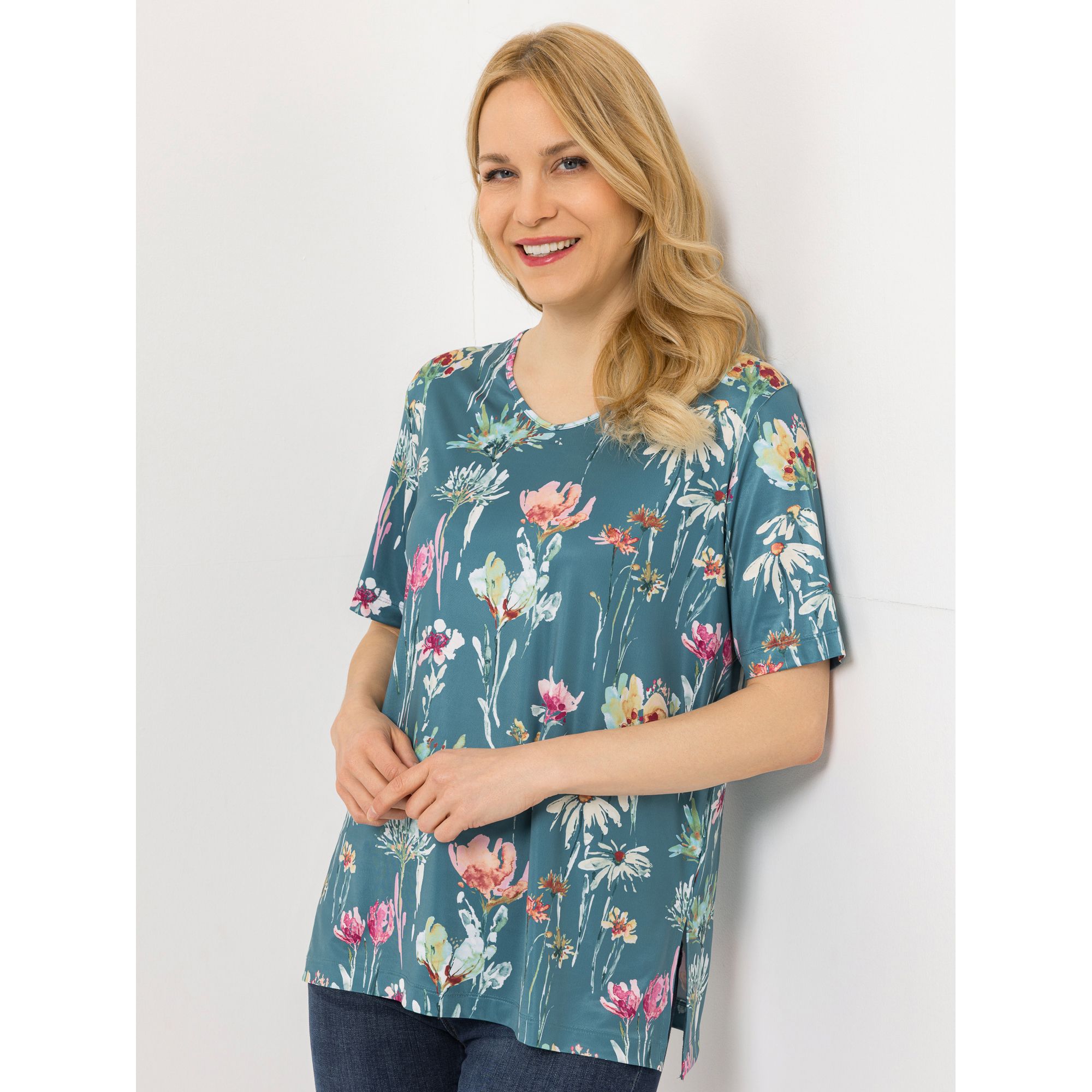 IN-PRINT Shirt, 1/2-Arm V-Ausschnitt Seitenschlitze Blumendruck