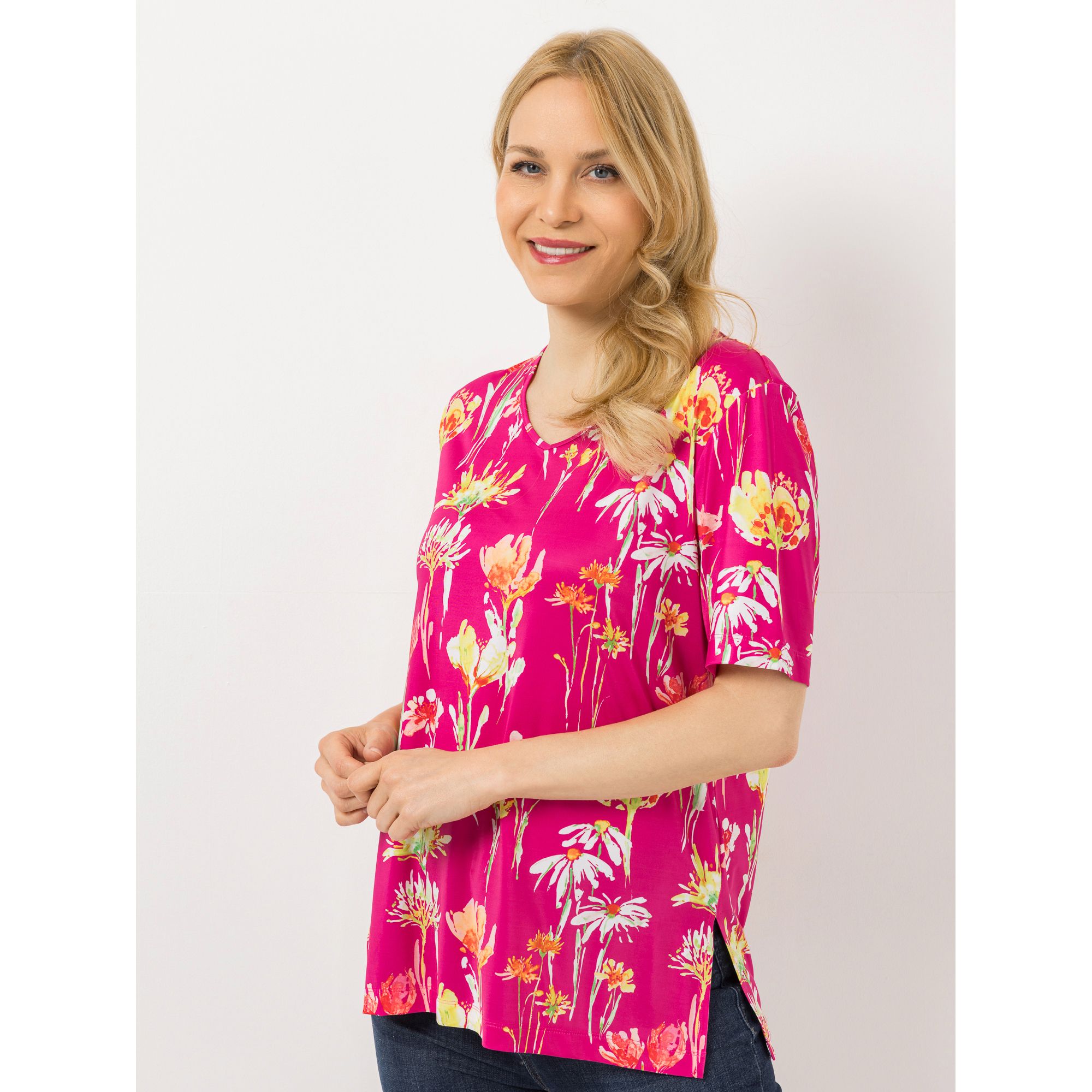 IN-PRINT Shirt, 1/2-Arm V-Ausschnitt Seitenschlitze Blumendruck