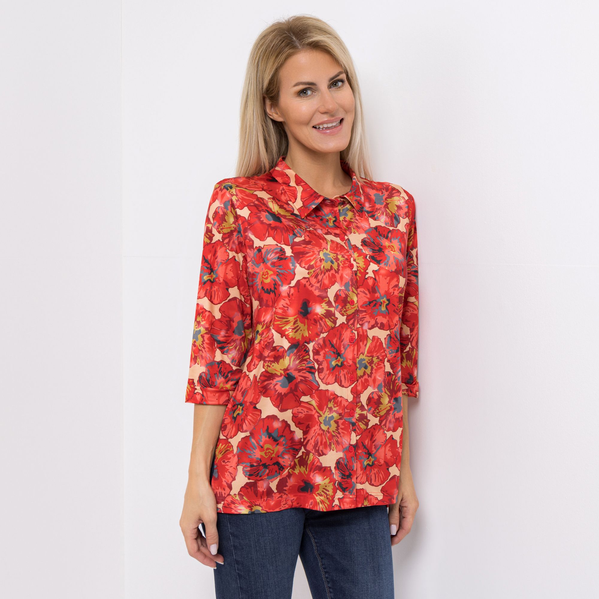 IN-PRINT Bluse 3/4-Arm Knopfleiste Allover-Druck Seitenschlitze
