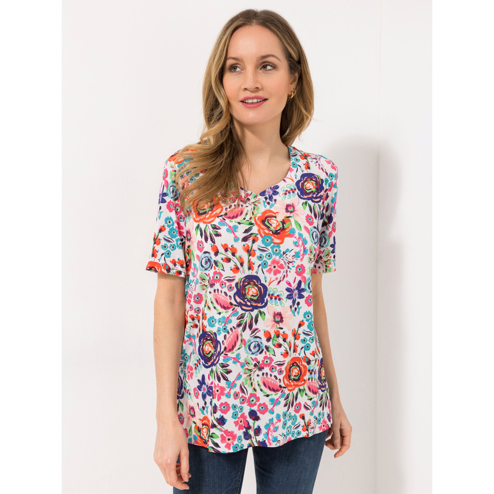 IN-PRINT Shirt, 1/2-Arm Herzausschnitt Seitenschlitze Blumendruck