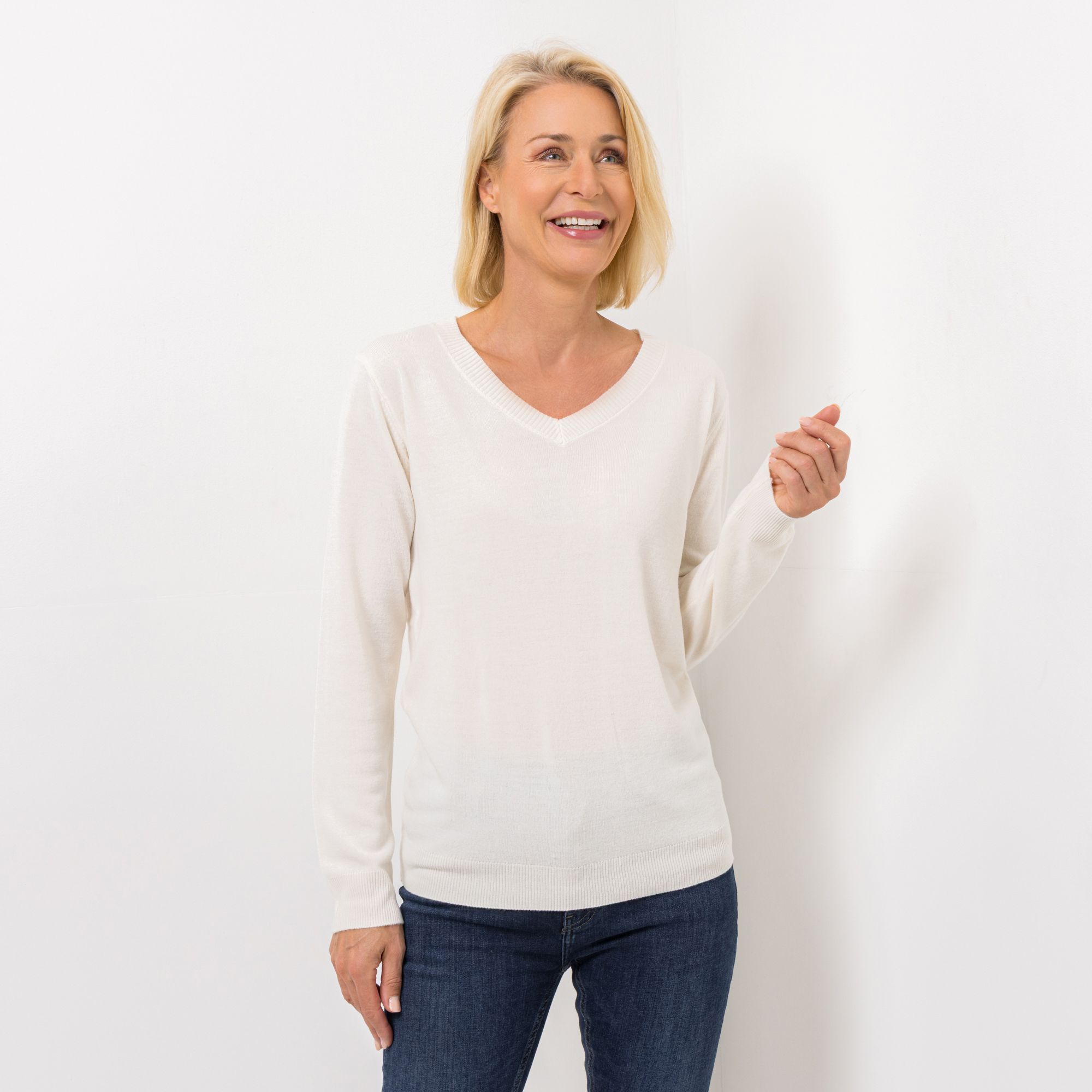 DENIM & CO. Pullover V-Ausschnitt Cashmeregriff Rippenbundabschlüsse