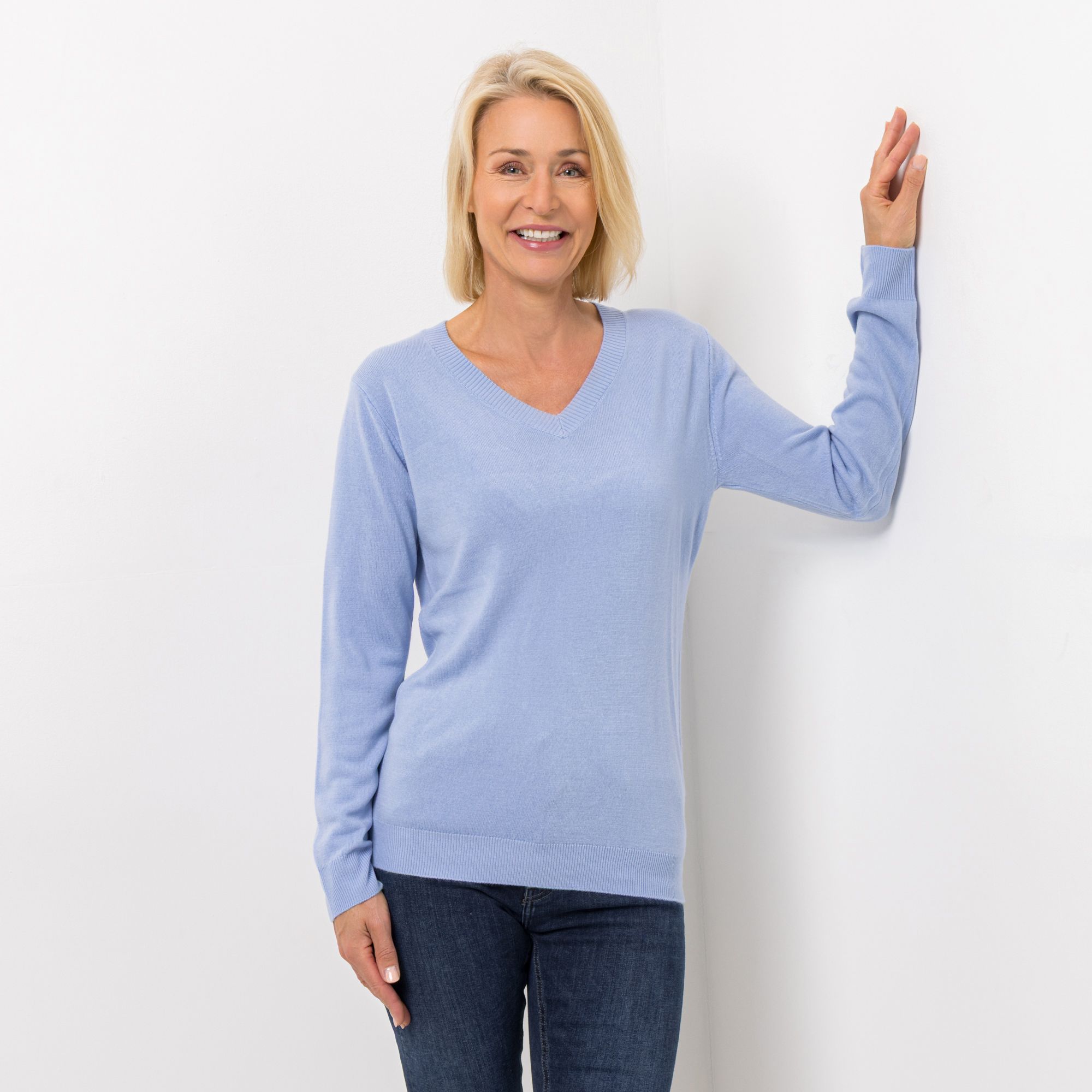 DENIM & CO. Pullover V-Ausschnitt Cashmeregriff Rippenbundabschlüsse
