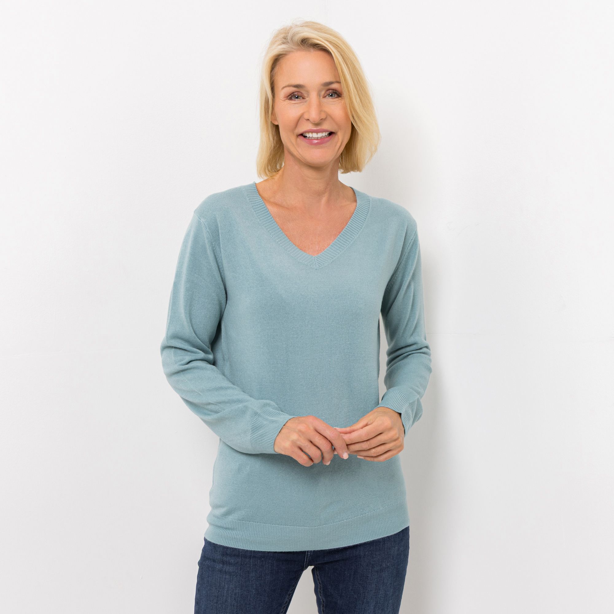 DENIM & CO. Pullover V-Ausschnitt Cashmeregriff Rippenbundabschlüsse
