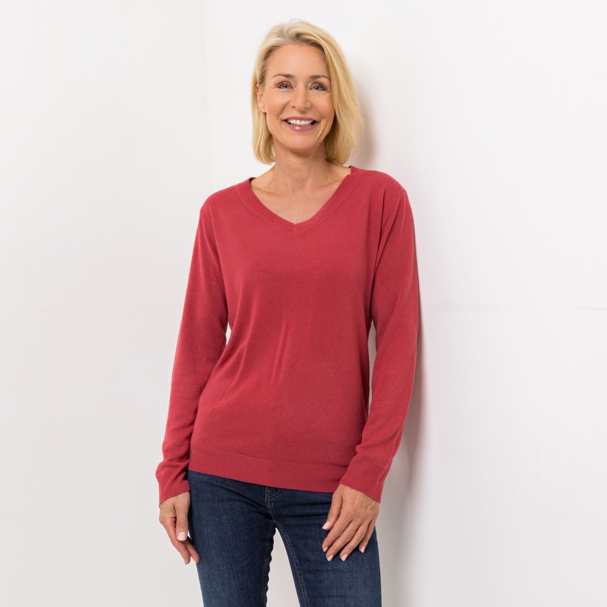 DENIM & CO. Pullover V-Ausschnitt Cashmeregriff Rippenbundabschlüsse