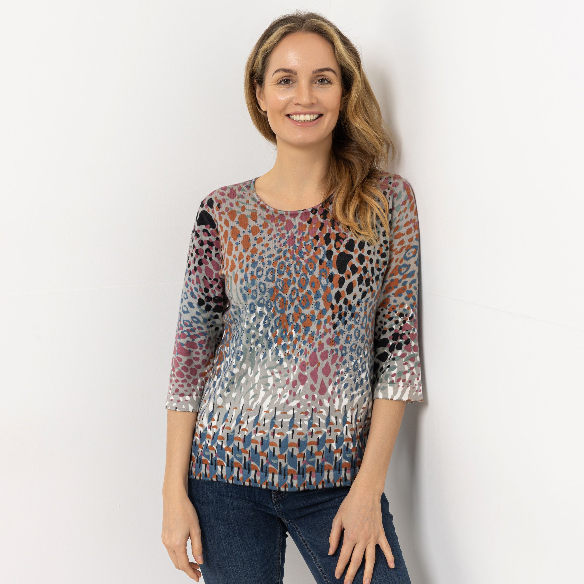 CASHMASOFT Pullover, 3/4-Arm Rundhalsausschnitt Cashmeregriff Animal-Druck