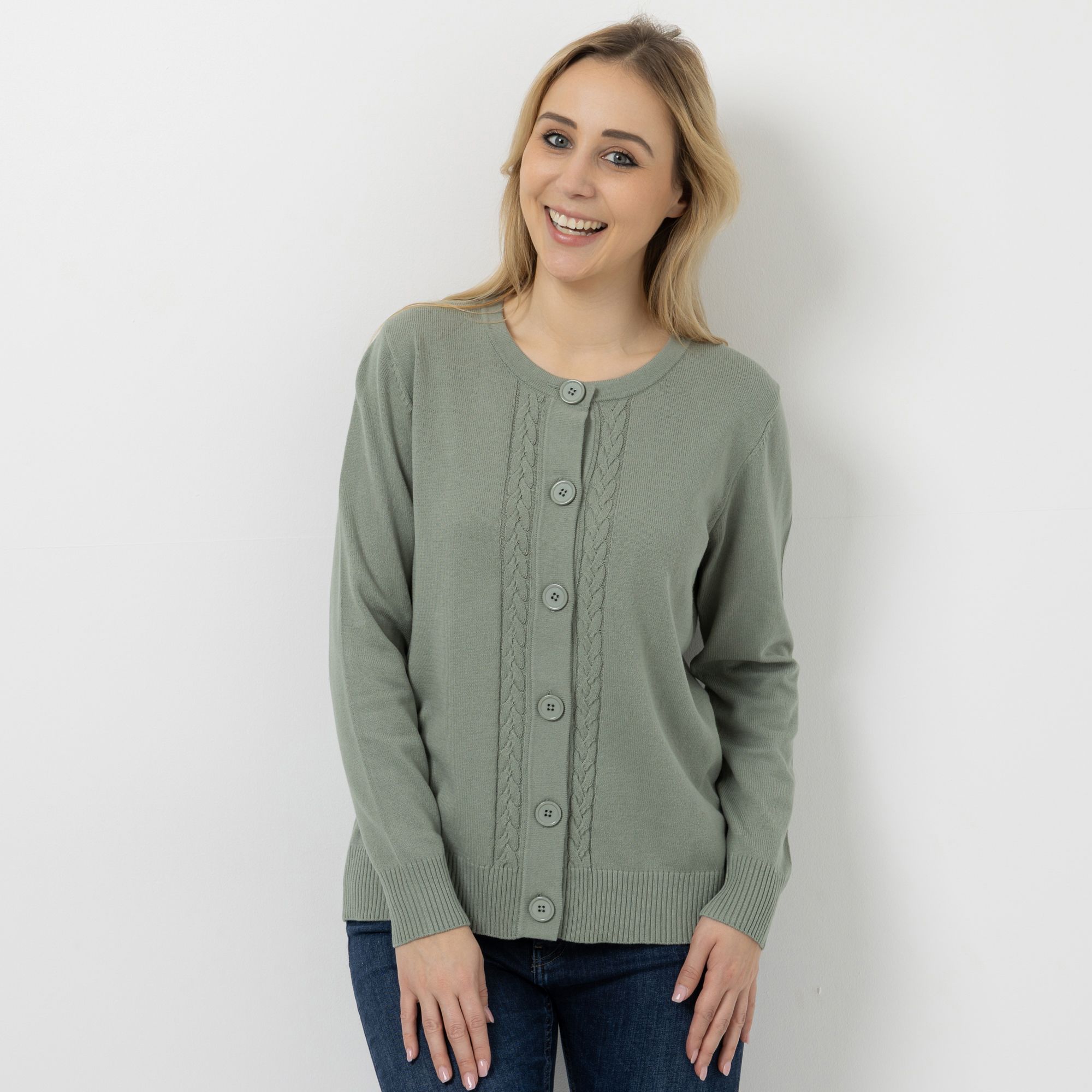 DENIM & CO. Cardigan, 1/1-Arm Rundhalsausschnitt Knopfleiste Zopfmuster