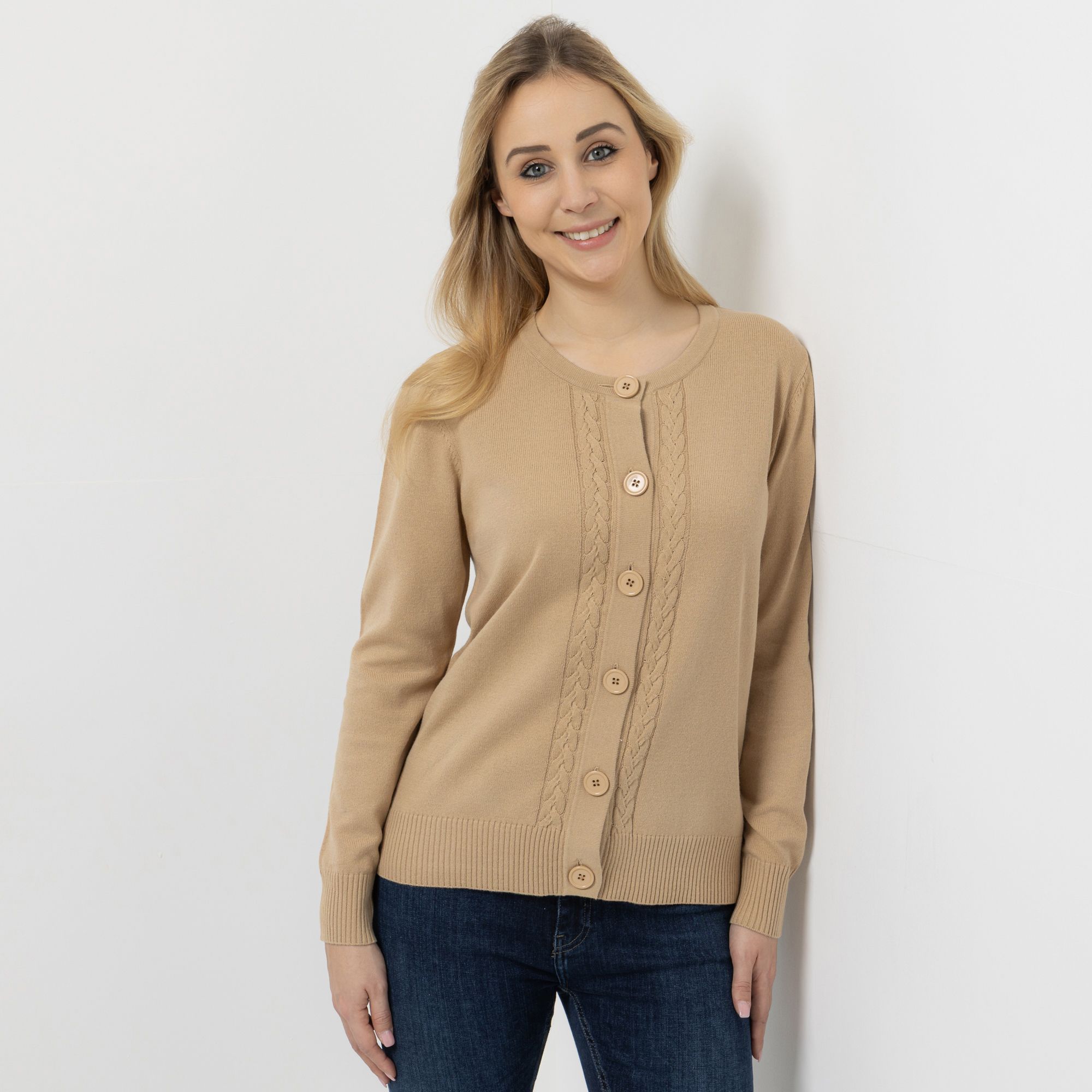 DENIM & CO. Cardigan, 1/1-Arm Rundhalsausschnitt Knopfleiste Zopfmuster