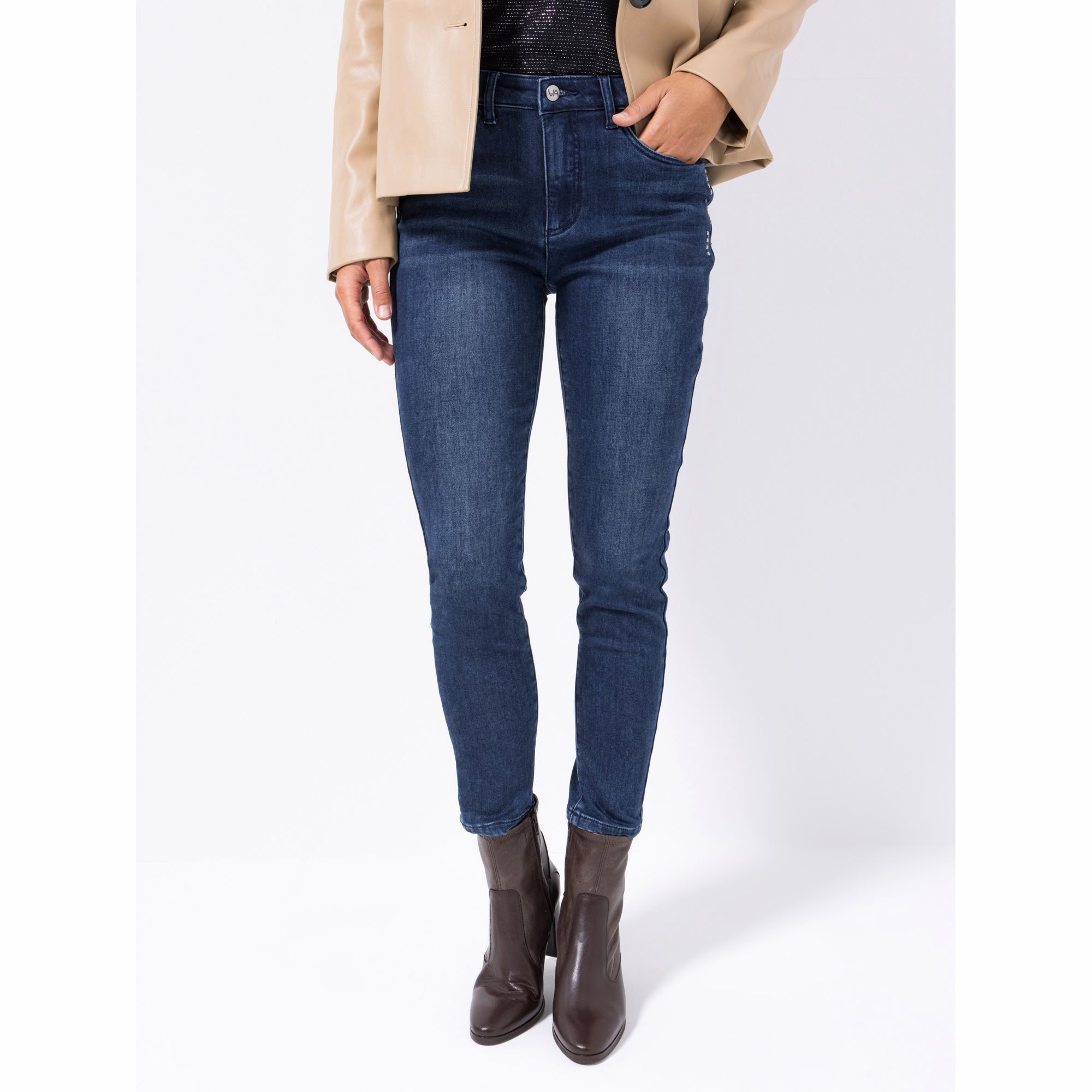 VIA MILANO Thermo-Jeans 5-Pocket-Style 1/1-Länge Stickerei