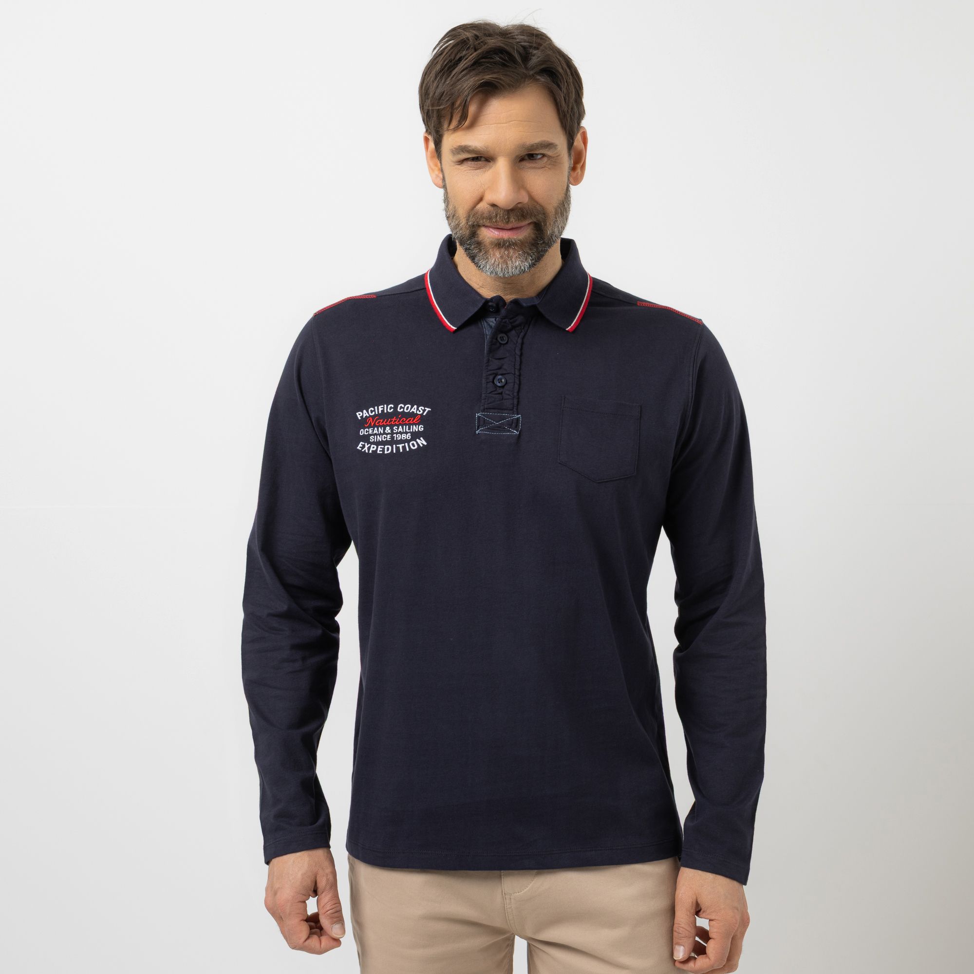 DENIM & CO. Herren-Shirt Polokragen Knopfleiste Stickerei