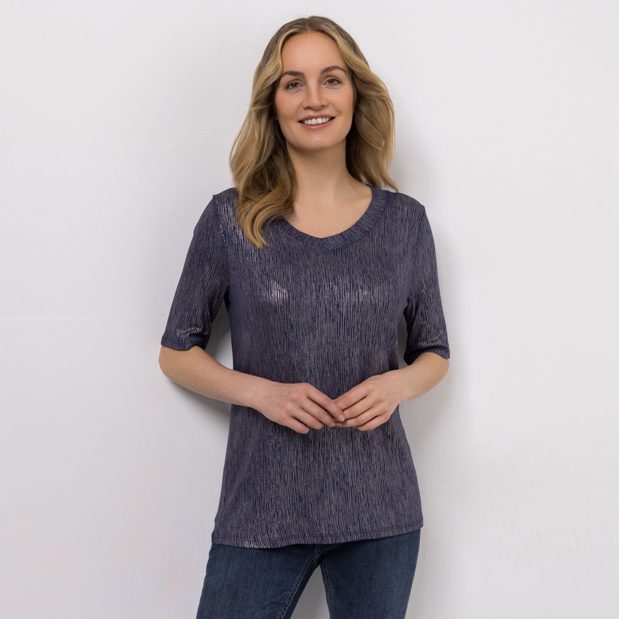 VIA MILANO Shirt, langer 1/2-Arm V-Ausschnitt Allover-Print figurumspielend