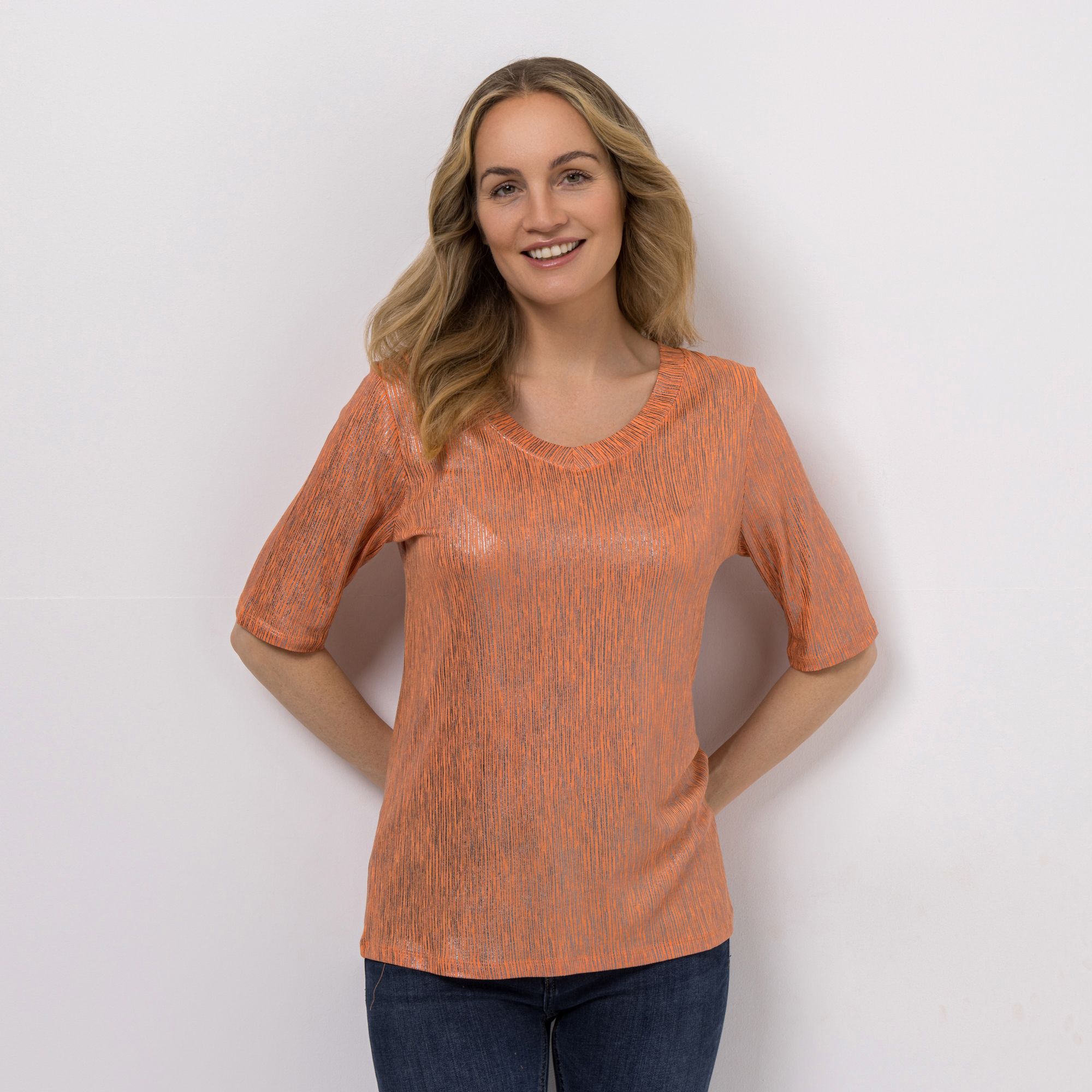 VIA MILANO Shirt, langer 1/2-Arm V-Ausschnitt Allover-Print figurumspielend