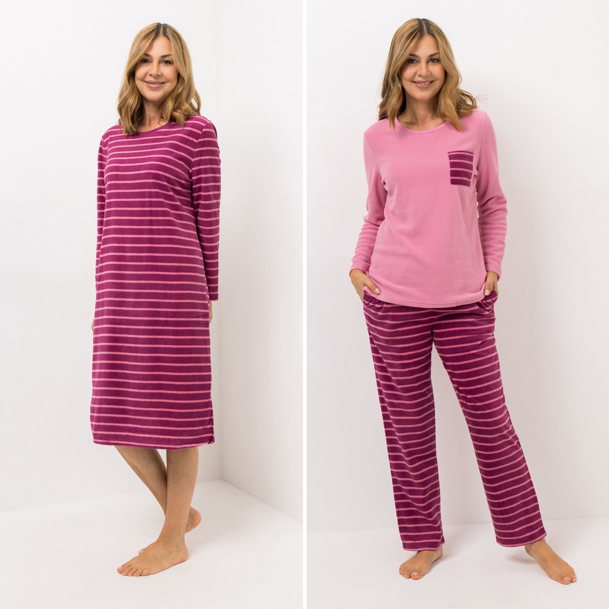 POLARSTERN HOMEWEAR 3tlg. Pyjama-Set Mikrofaser Fleece Shirt mit Brusttasche Hose und Nachthemd