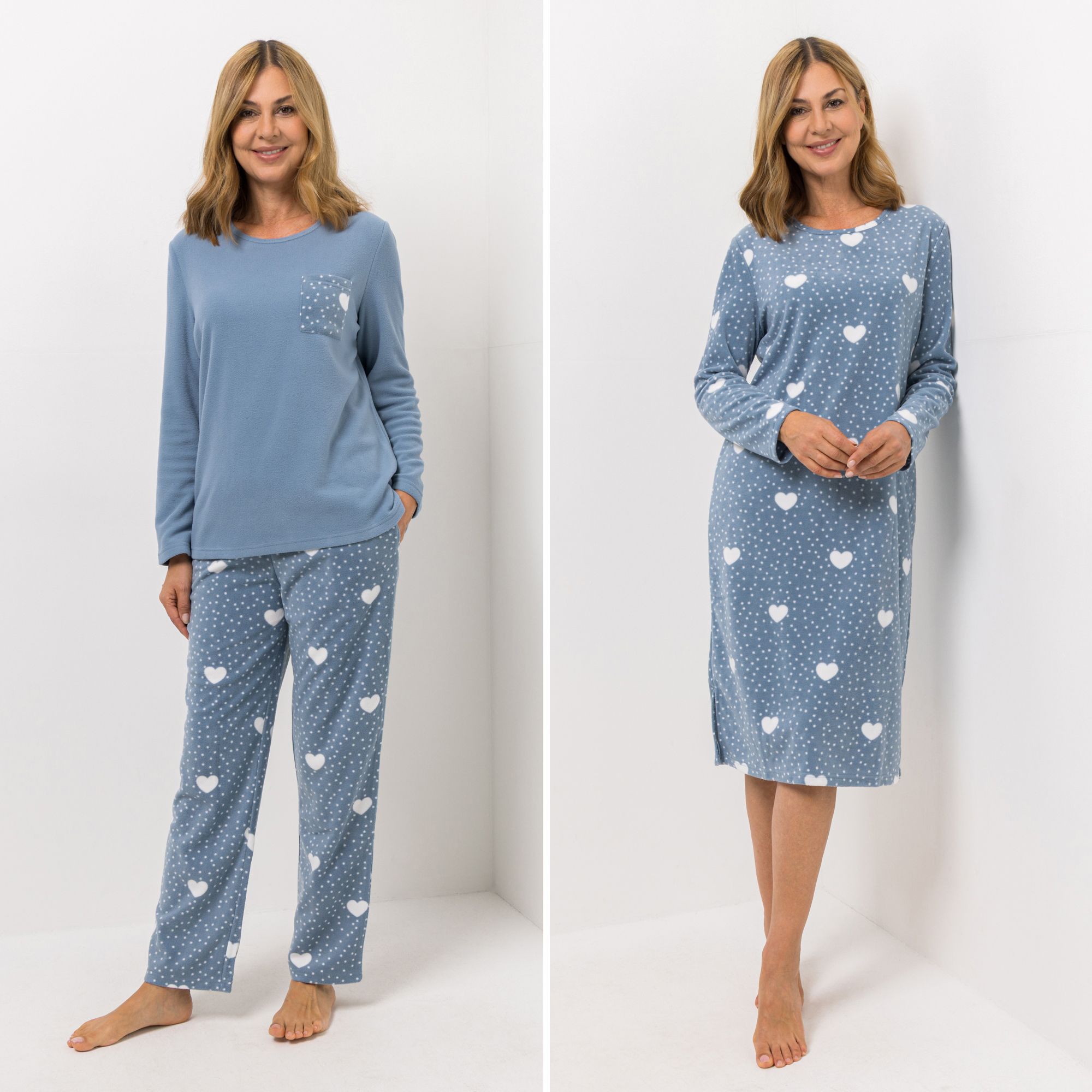 POLARSTERN HOMEWEAR 3tlg. Pyjama-Set Mikrofaser Fleece Shirt mit Brusttasche Hose und Nachthemd