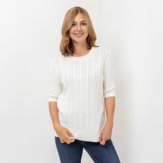 DENIM & CO. Pullover langer 1/2-Arm Rundhalsausschnitt Zopfmuster