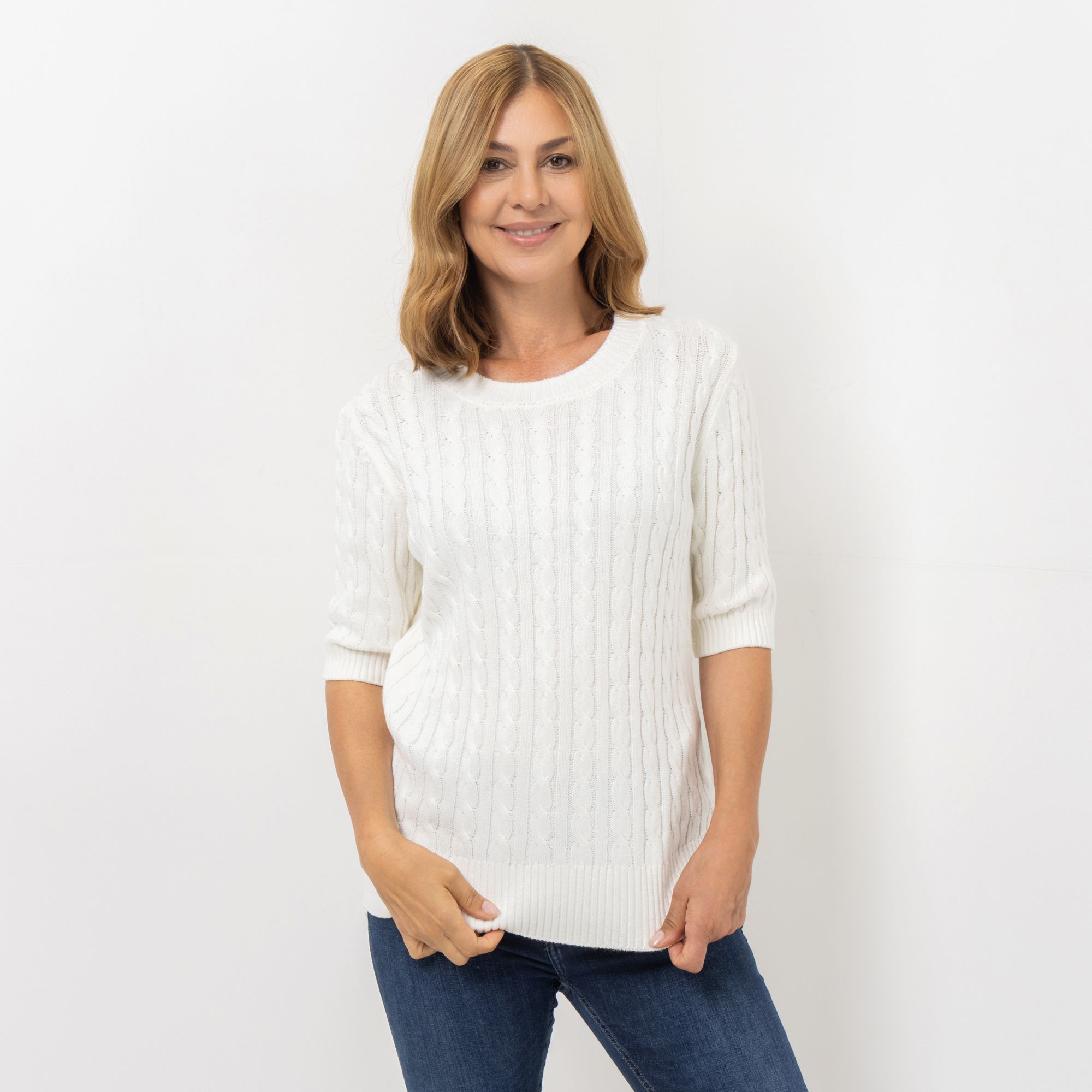 DENIM & CO. Pullover langer 1/2-Arm Rundhalsausschnitt Zopfmuster