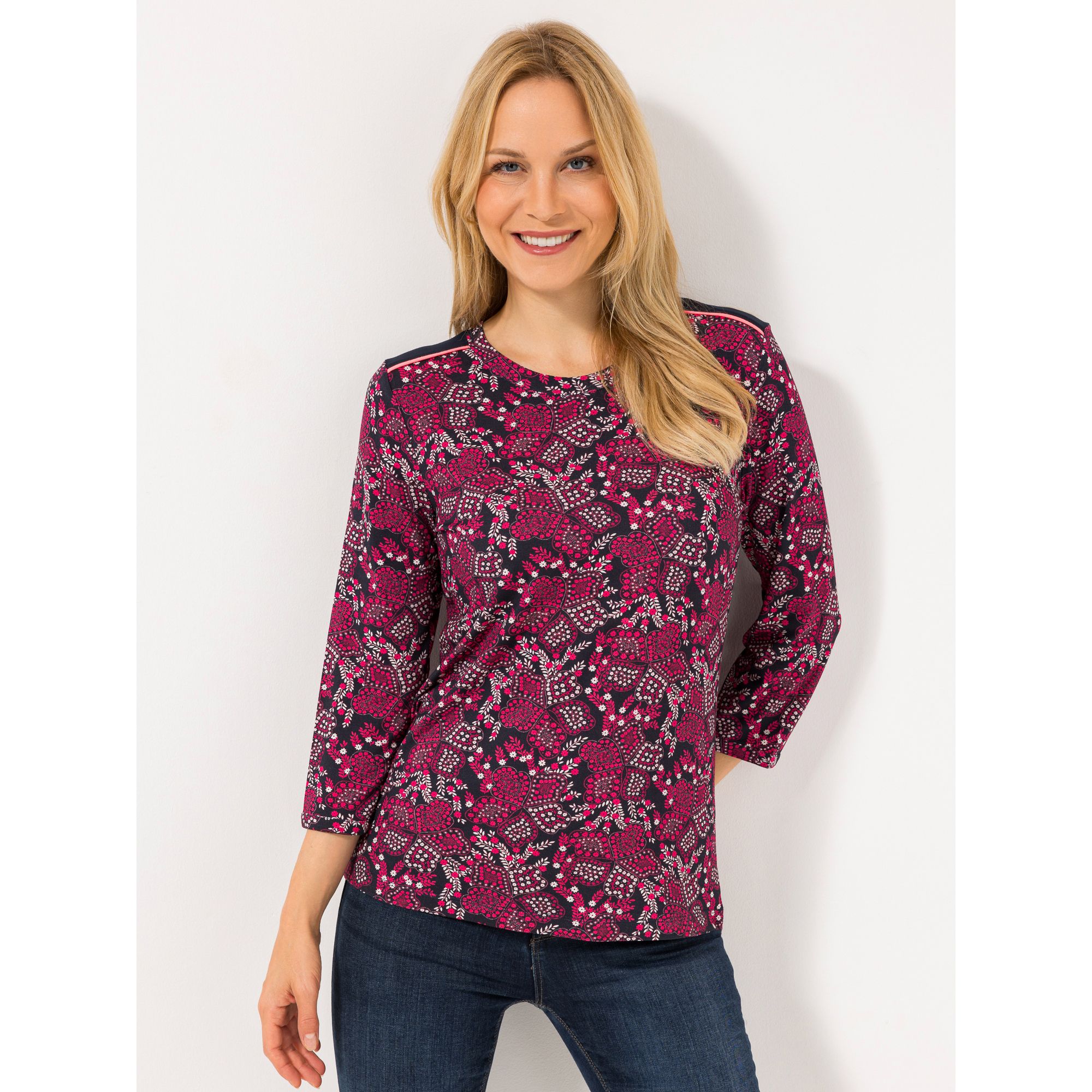 DENIM & CO. Shirt, 3/4-Arm Rundhalsausschnitt Allover-Print figurumspielend