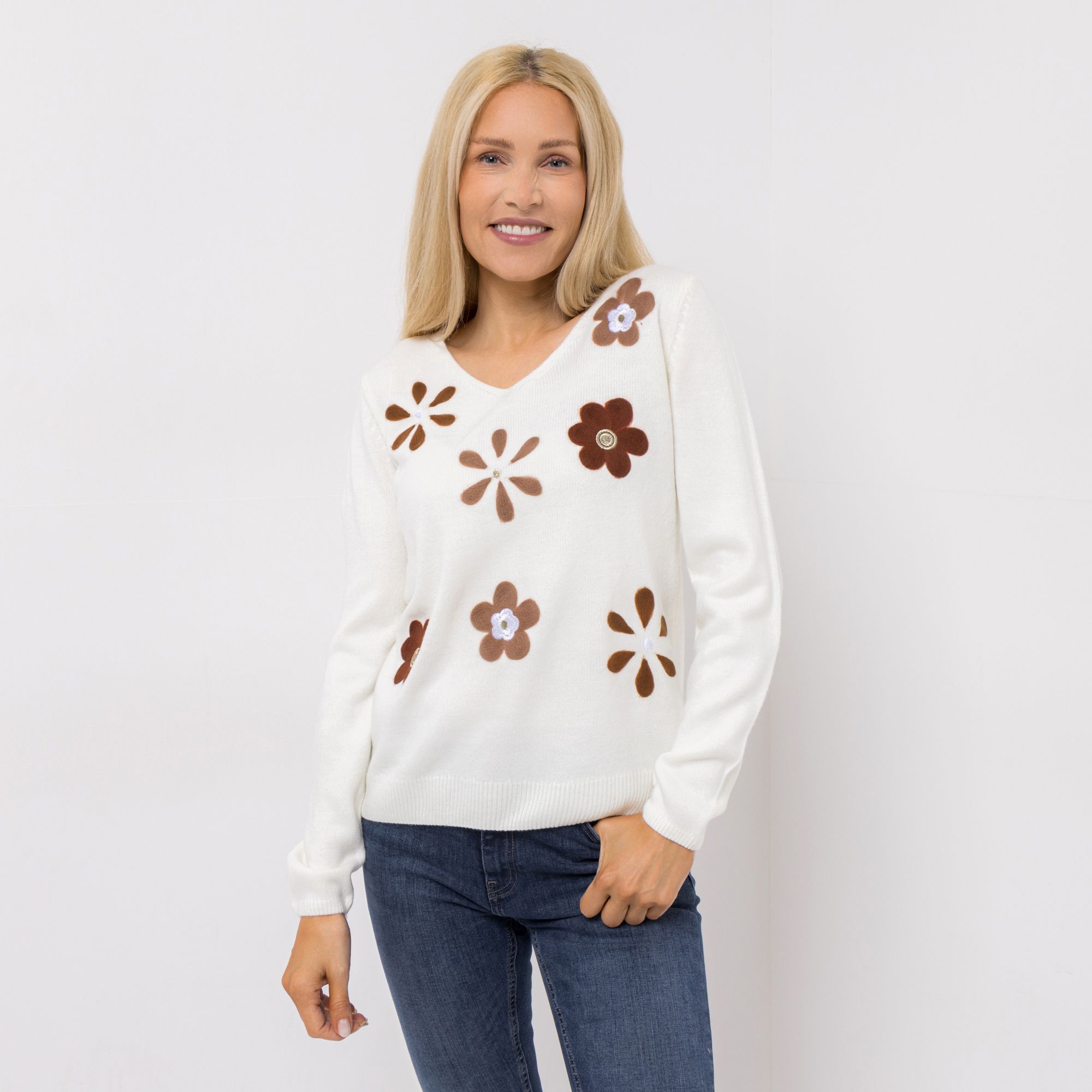 CASHMASOFT Pullover V-Ausschnitt Cashmeregriff platzierte Blumen