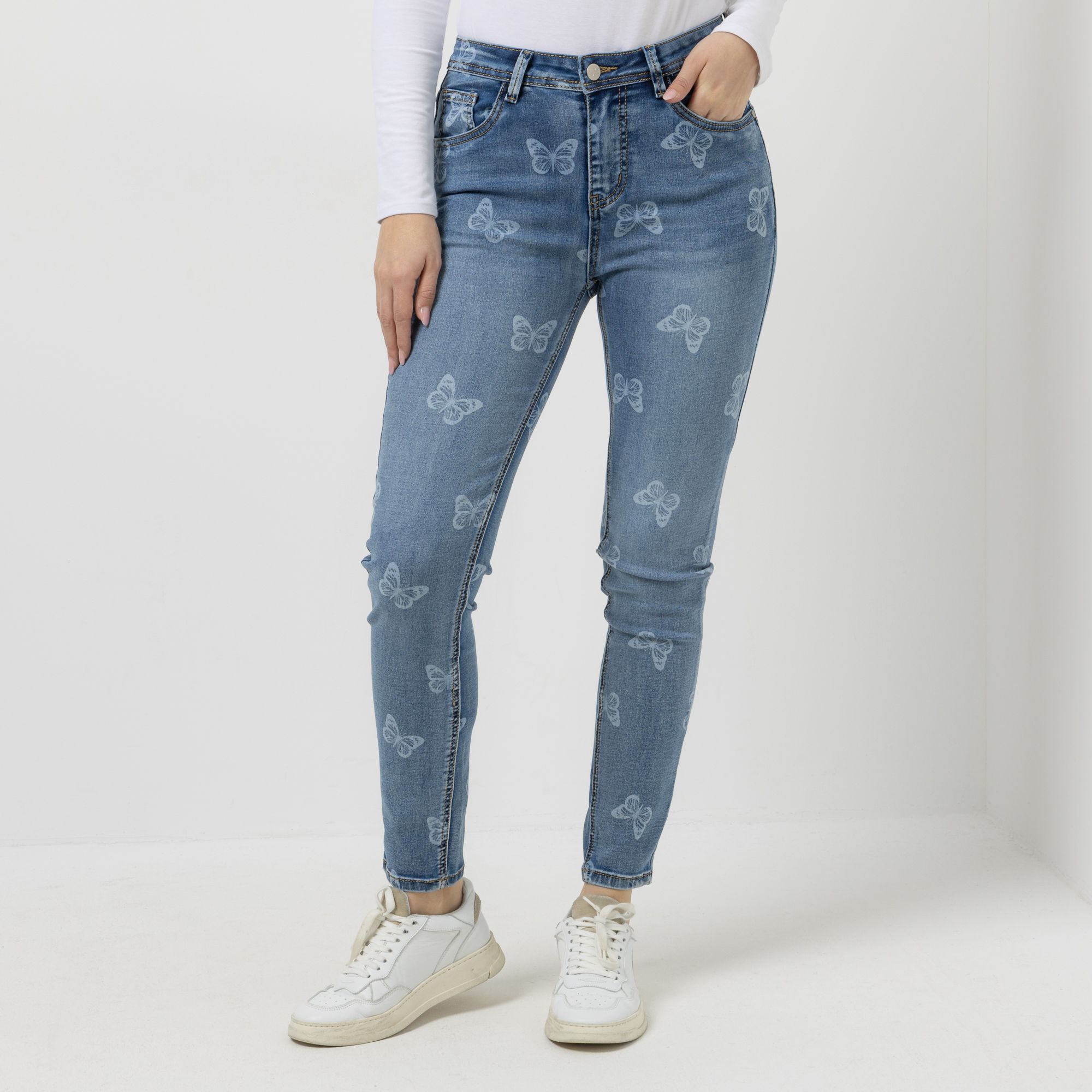 VIA MILANO Jeans, 1/1-Länge 5-Pocket-Style mit Blumenprint enges Bein