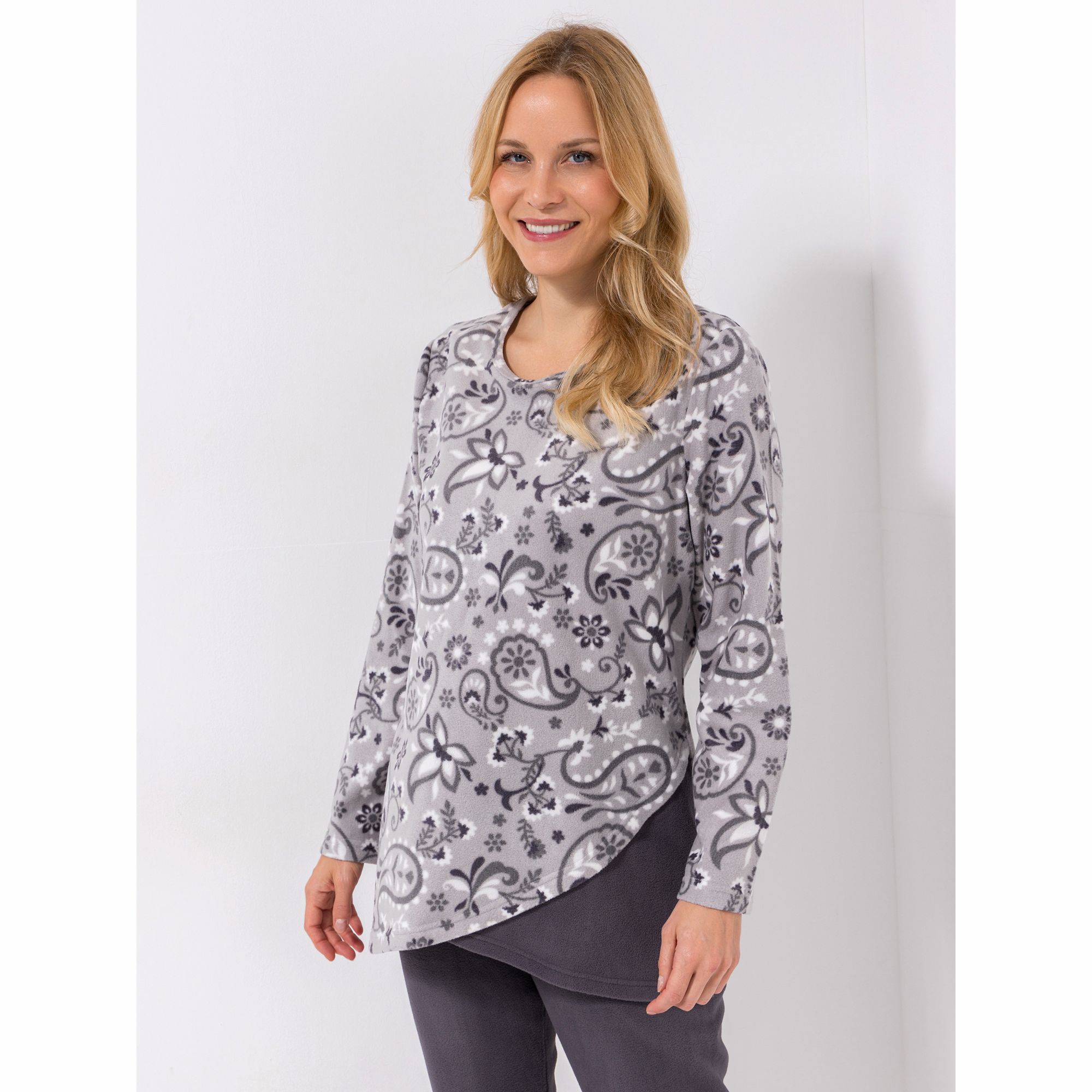 POLARSTERN HOMEWEAR Shirt, 1/1-Arm Mikrofaser Fleece Rundhalsausschnitt Überlappendes Detail