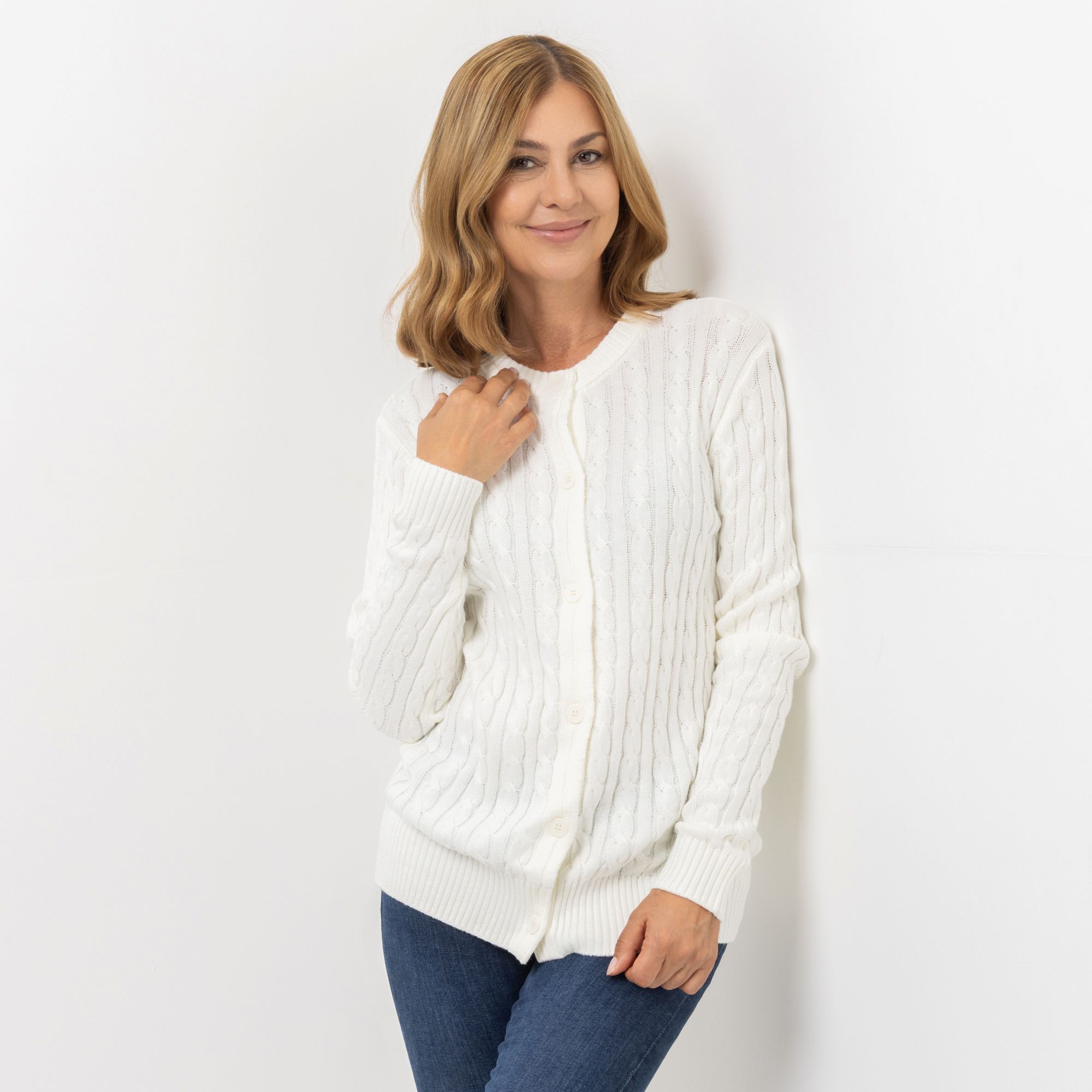 DENIM & CO. Cardigan Rundhalsausschnitt Knopfleiste Zopfmuster