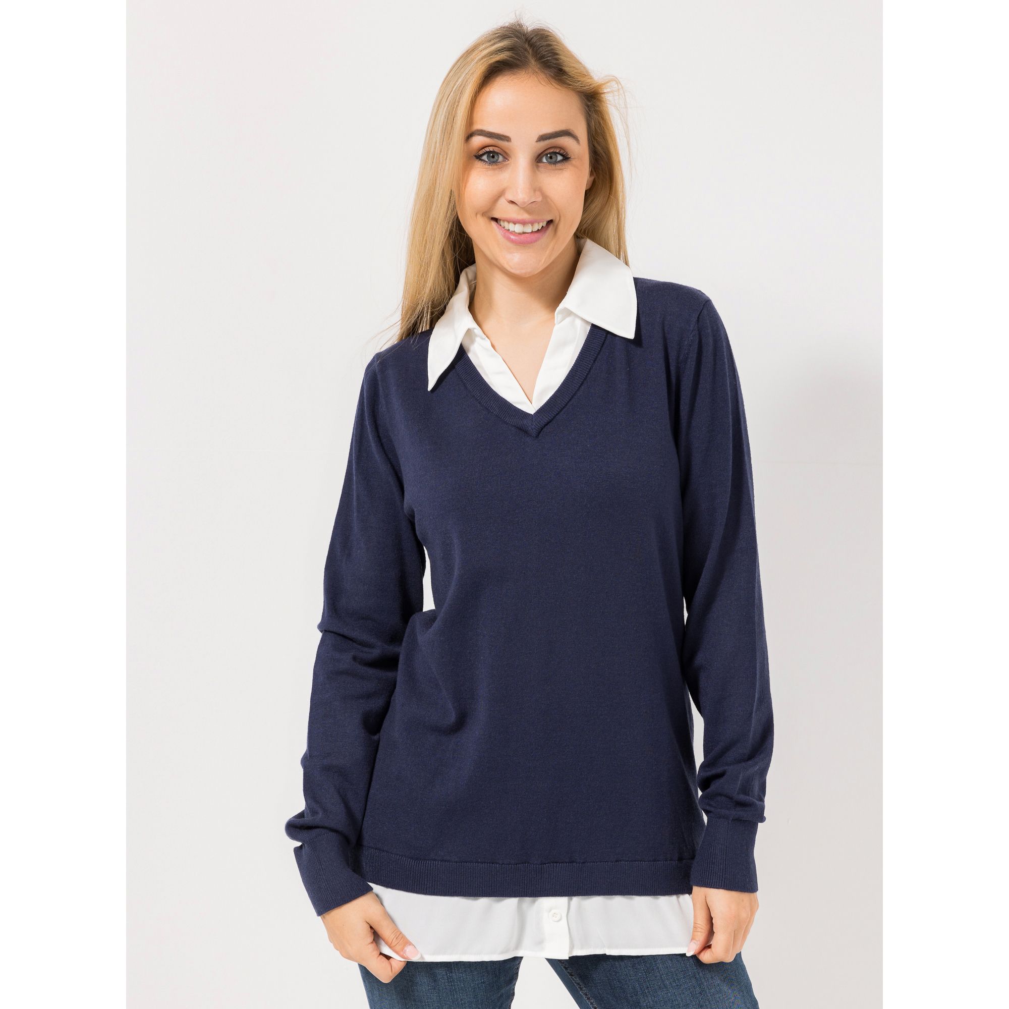 DENIM & CO. Pullover, 1/1-Arm mit Blusendetails Hemdkragen Figurumspielend
