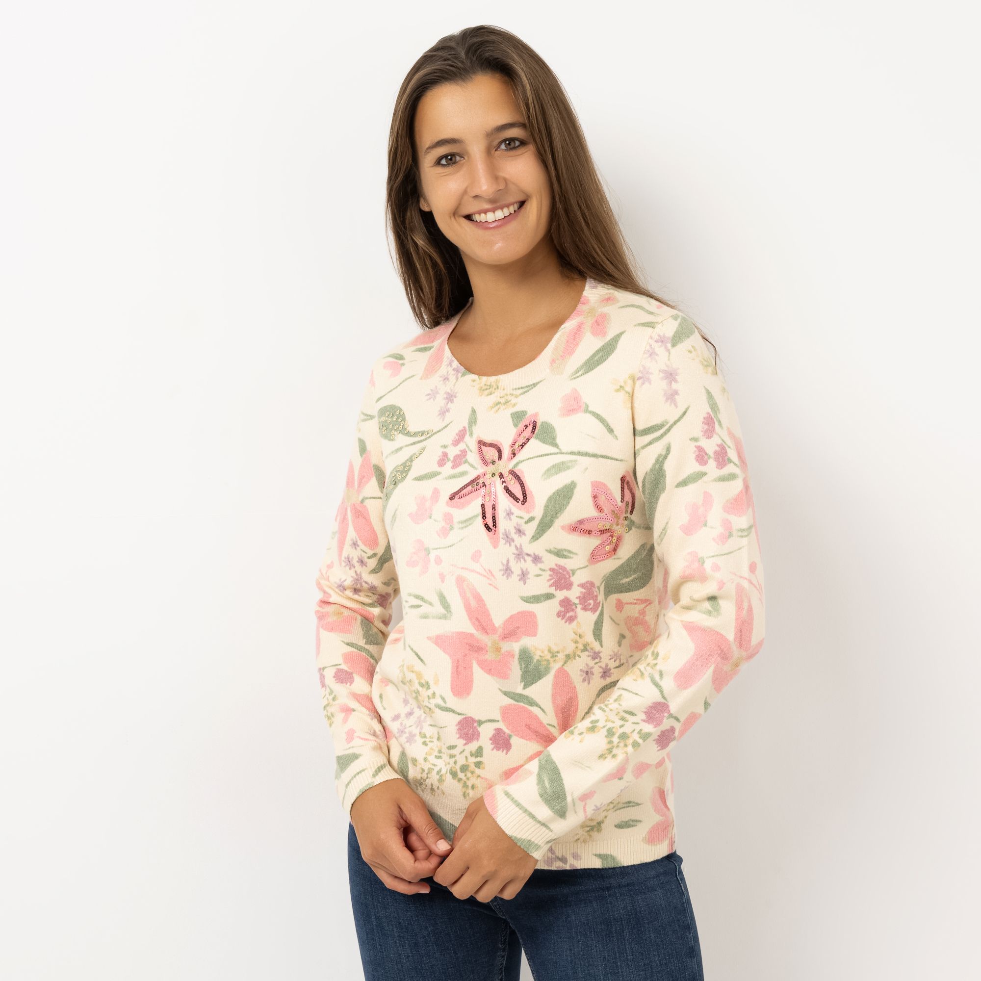 CASHMASOFT Pullover Rundhalsausschnitt Cashmeregriff floraler Druck