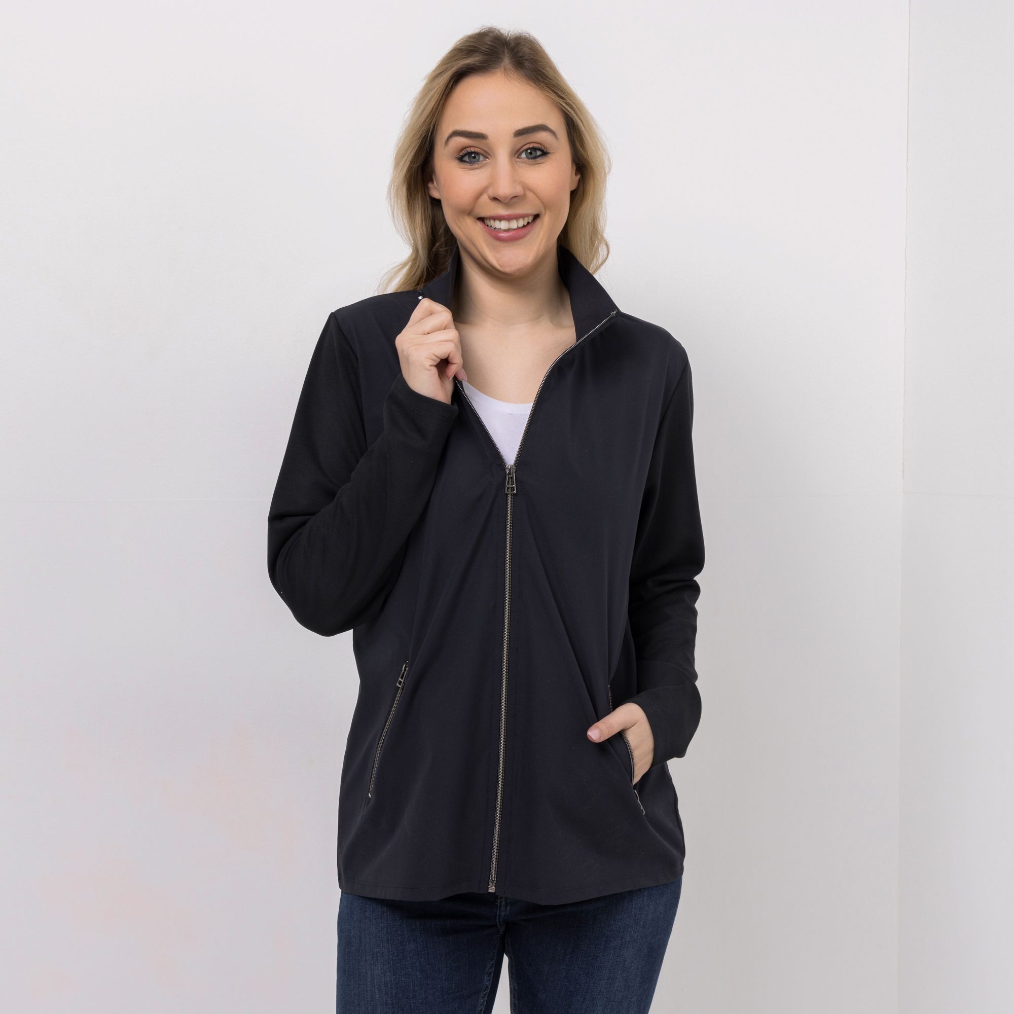 DENIM & CO. Jacke Reißverschluss Eingriffaschen Materialmix