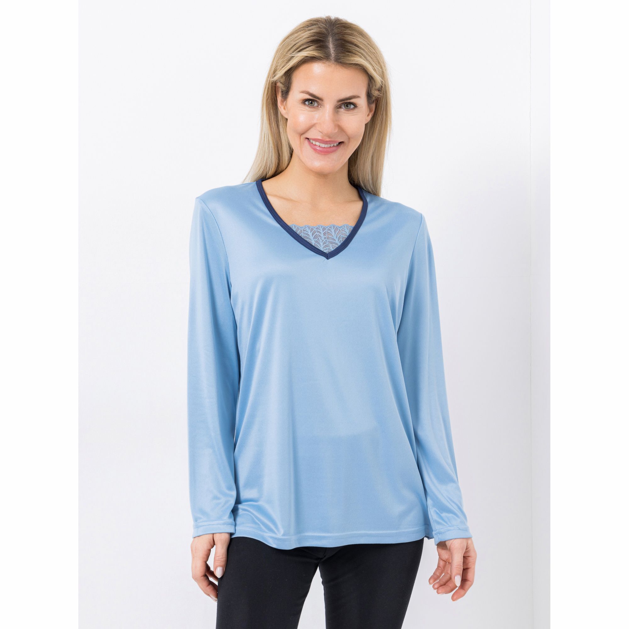 JERYMOOD HOMEWEAR Shirt, 1/1-Arm Mikrofaser V-Ausschnitt Spitzendetails