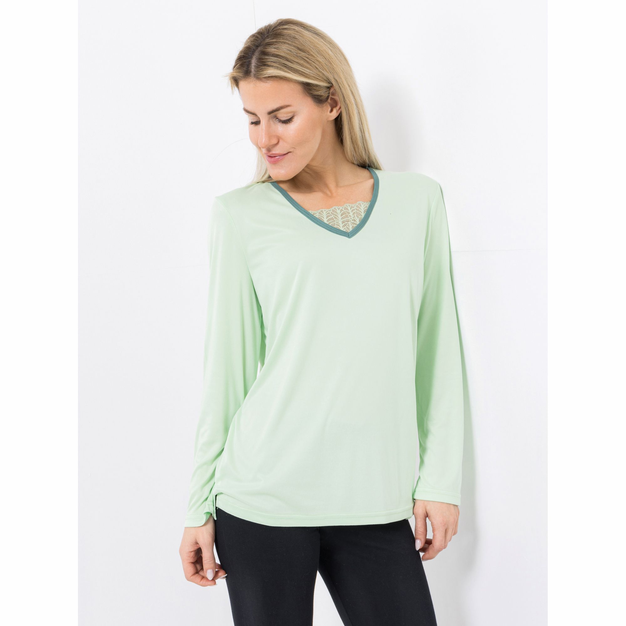 JERYMOOD HOMEWEAR Shirt, 1/1-Arm Mikrofaser V-Ausschnitt Spitzendetails