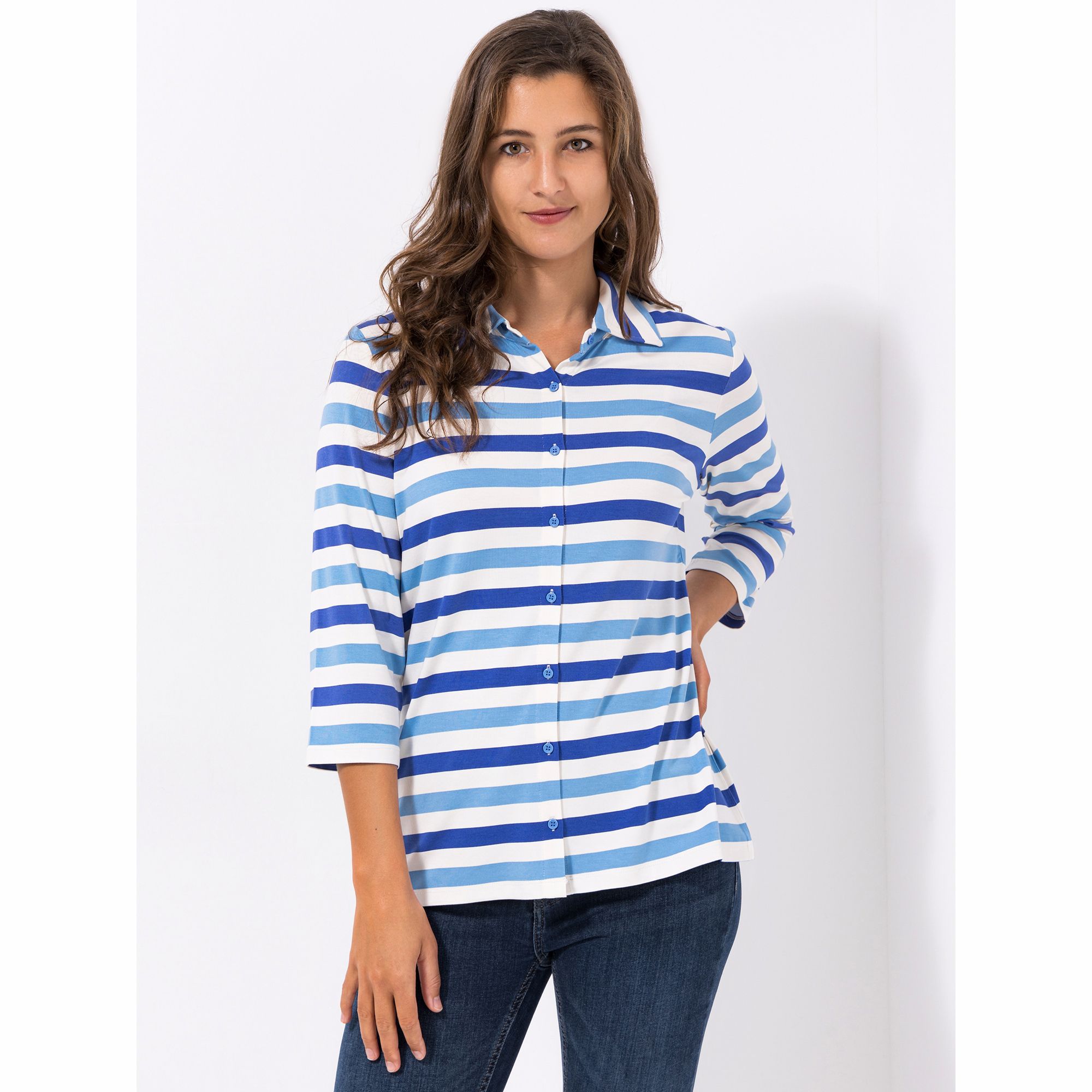 DENIM & CO. Blusenshirt, 3/4-Arm Blusenkragen Knopfleiste mit ECOVERO Viskose