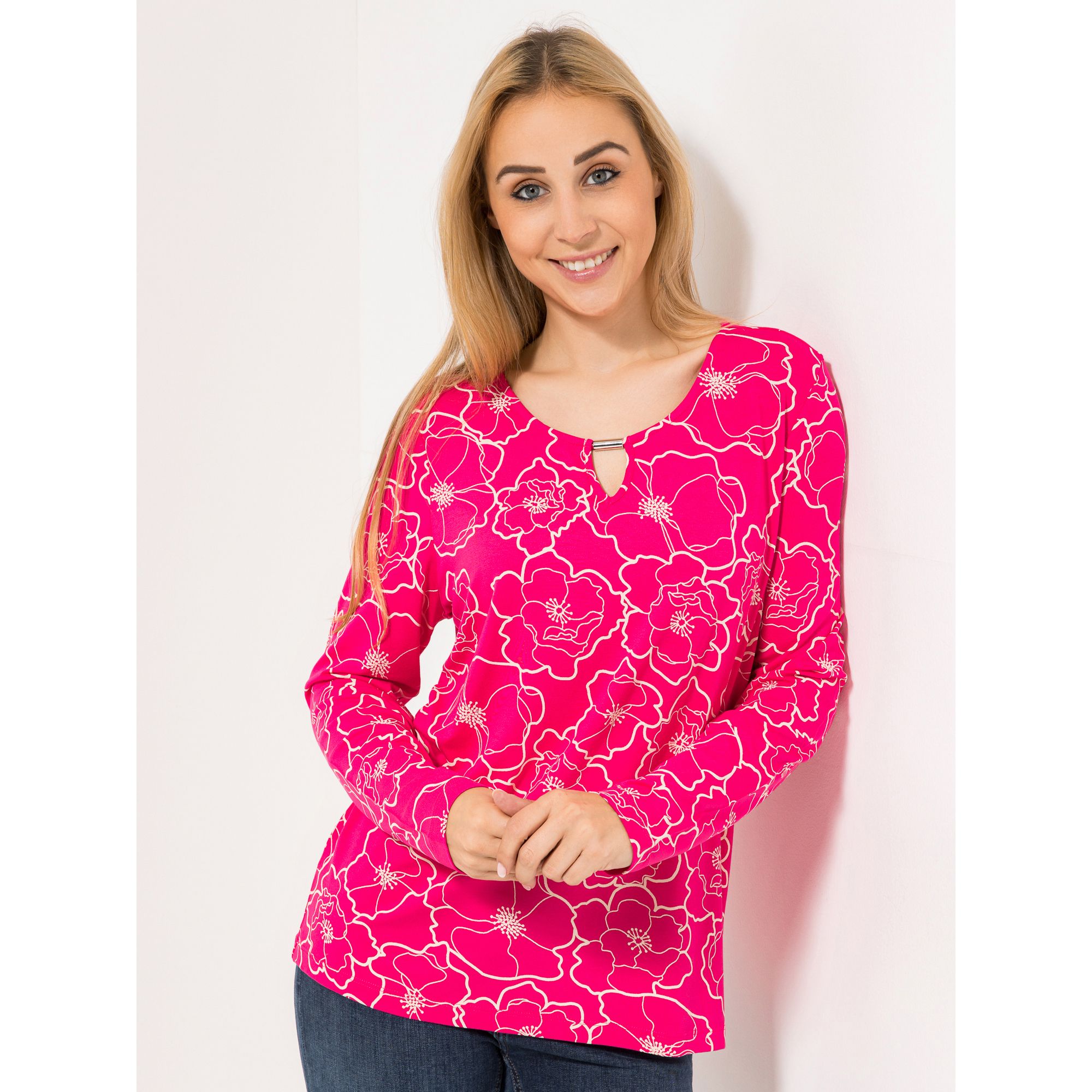 DENIM & CO. Shirt, 1/1-Arm Rundhalsausschnitt Schmuckdetail mit ECOVERO Viskose