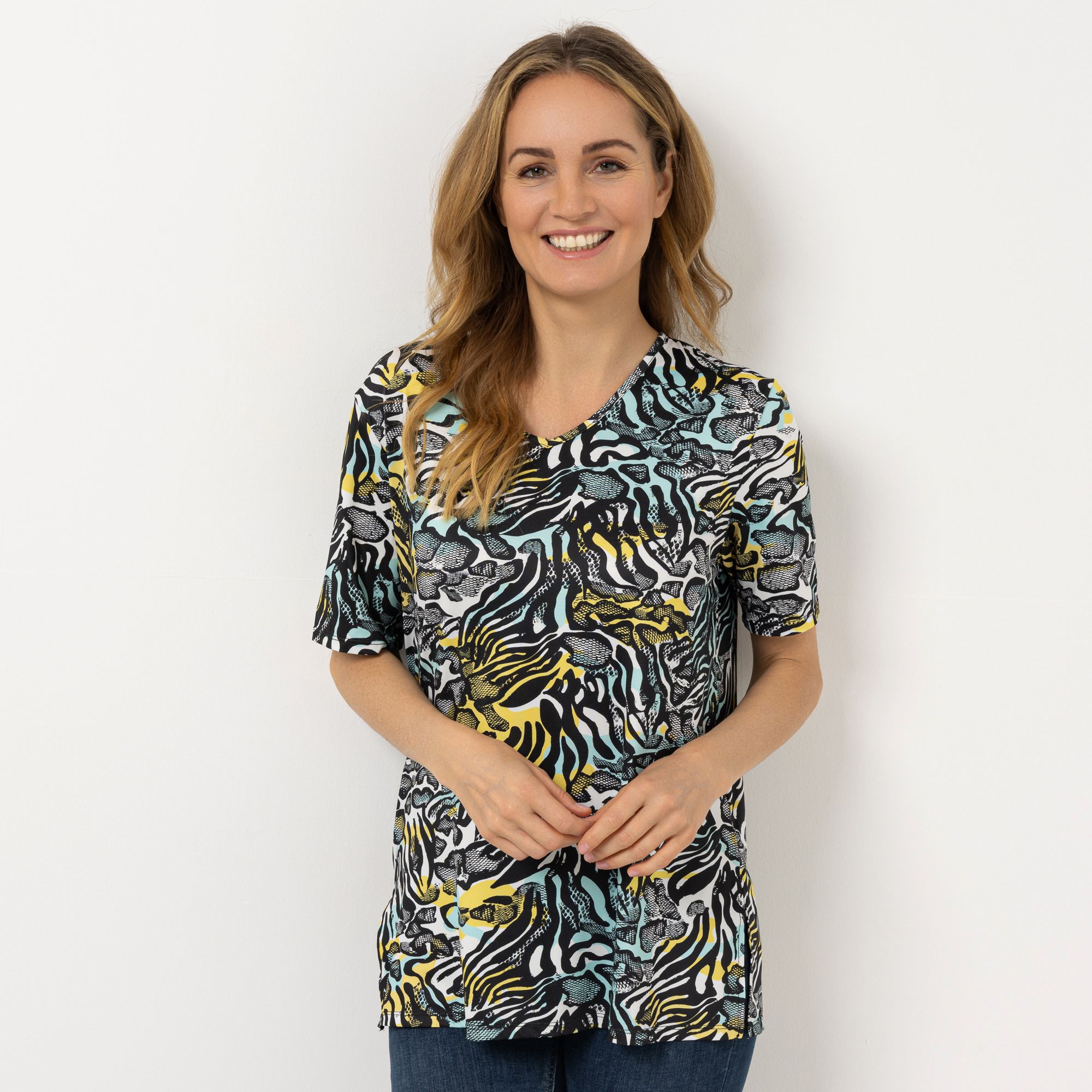 IN-PRINT Jersey-Shirt, 1/2-Arm V-Ausschnitt Seitenschlitze Leger weit