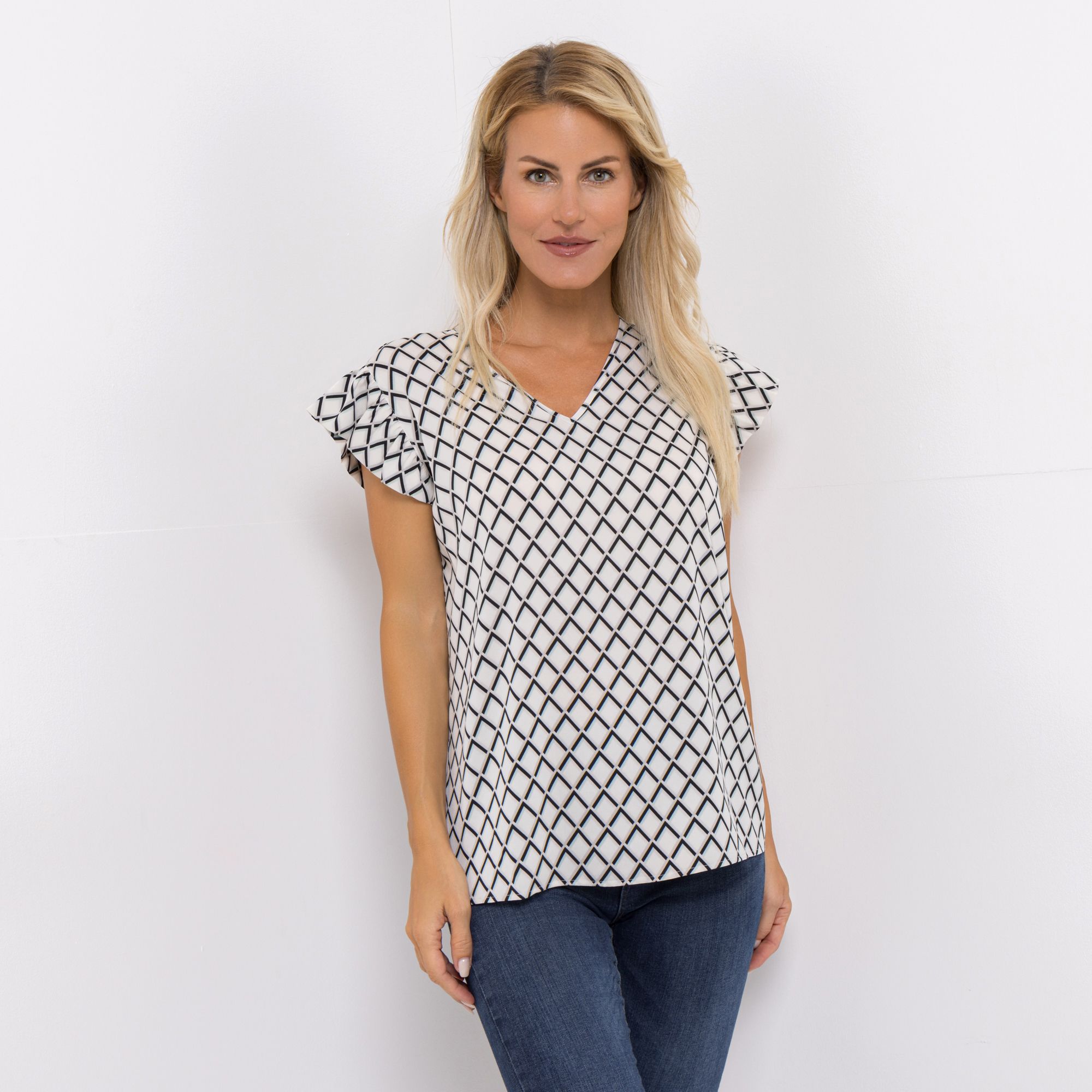 VIA MILANO Bluse, 1/2-Arm V-Ausschnitt Allover-Print figurumspielend