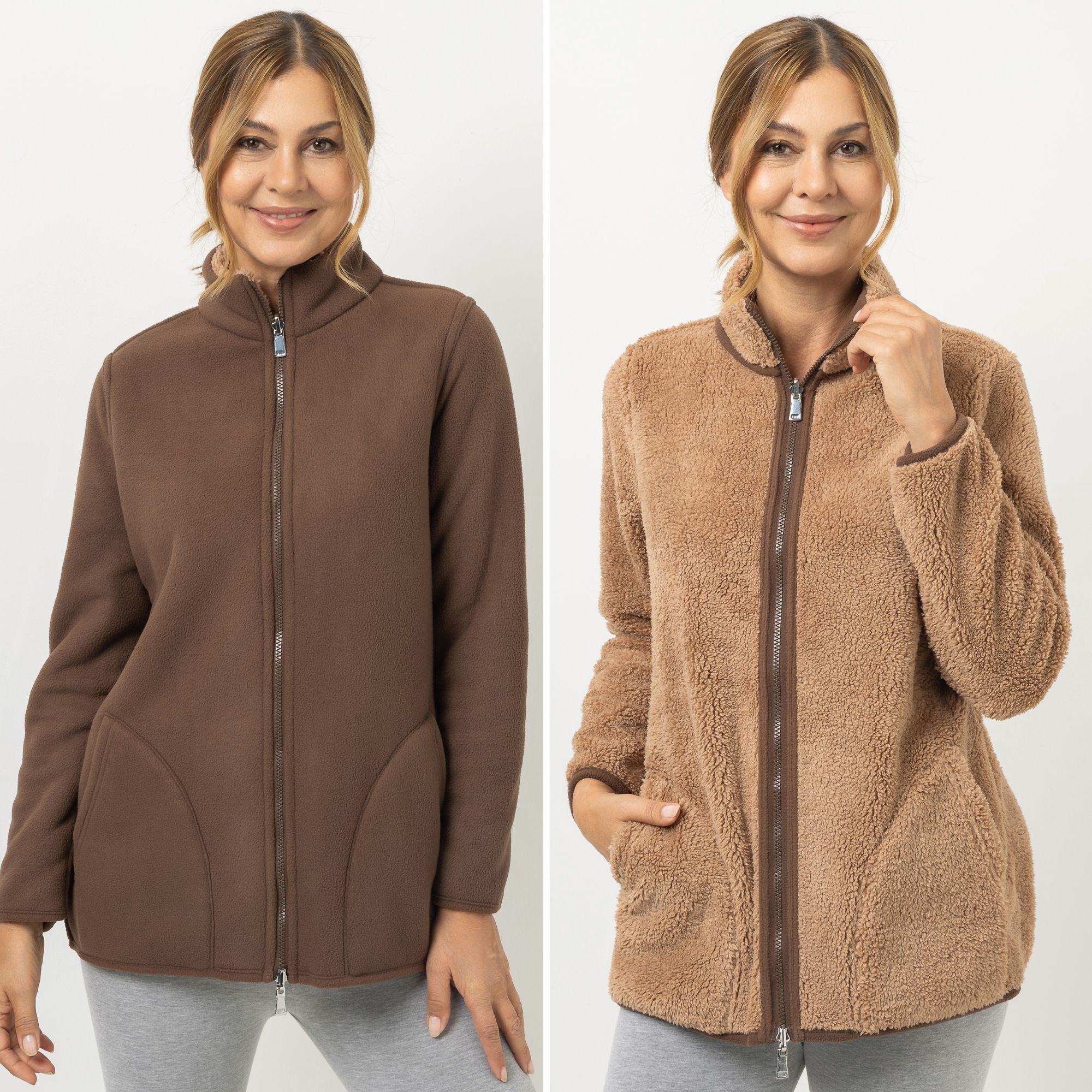 POLARSTERN HOMEWEAR Wendejacke Fleece und Teddy Eingrifftaschen 2-Wege-Reißverschluss