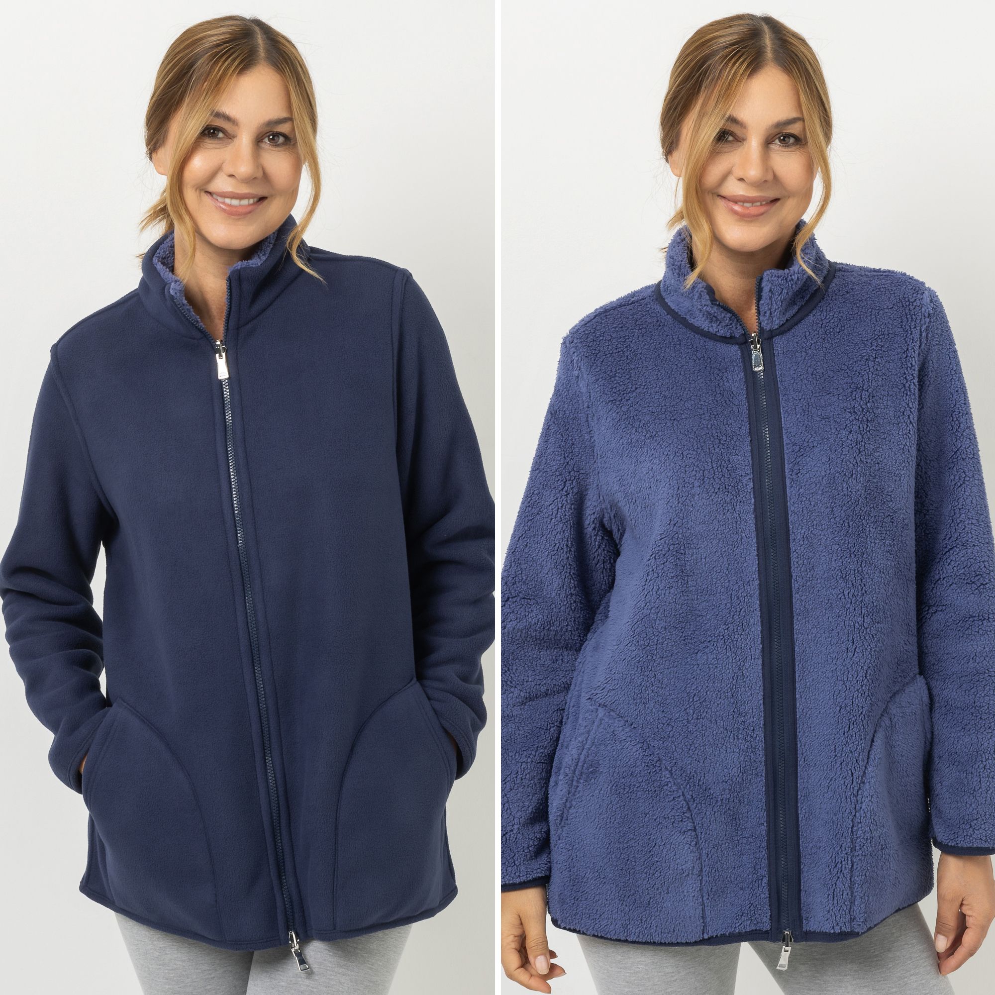 POLARSTERN HOMEWEAR Wendejacke Fleece und Teddy Eingrifftaschen 2-Wege-Reißverschluss