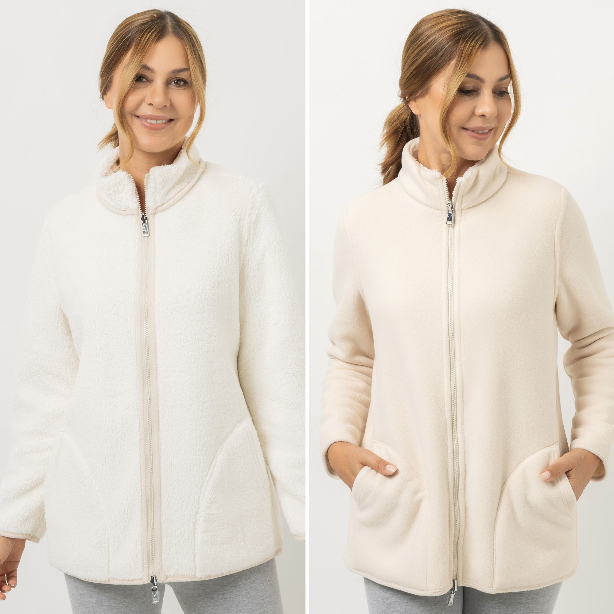 POLARSTERN HOMEWEAR Wendejacke Fleece und Teddy Eingrifftaschen 2-Wege-Reißverschluss